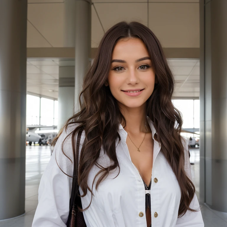 tenue robe avec sac a main, airport, Complex and detailed, 24 ans, expression souriante, Long wavy hair, yeux marrons, high resolution, chef-d'artwork, Best quality, very detailed, Sharpness, Textured skin, Realistic skin texture, detailed eyes, professionnel, 4k, Sourire charmant, captured on Canon, 50 millimeters, faible profondeur de champ, Kodak Vision Couleur, tenue traditionnelle superbement ajustée, Extremely detailed, photoRealistic, Realistic, Post-traitement, Maximum details, roughness, la vraie vie, ultra-Realistic, photorealism, la photographie, 8K UHD