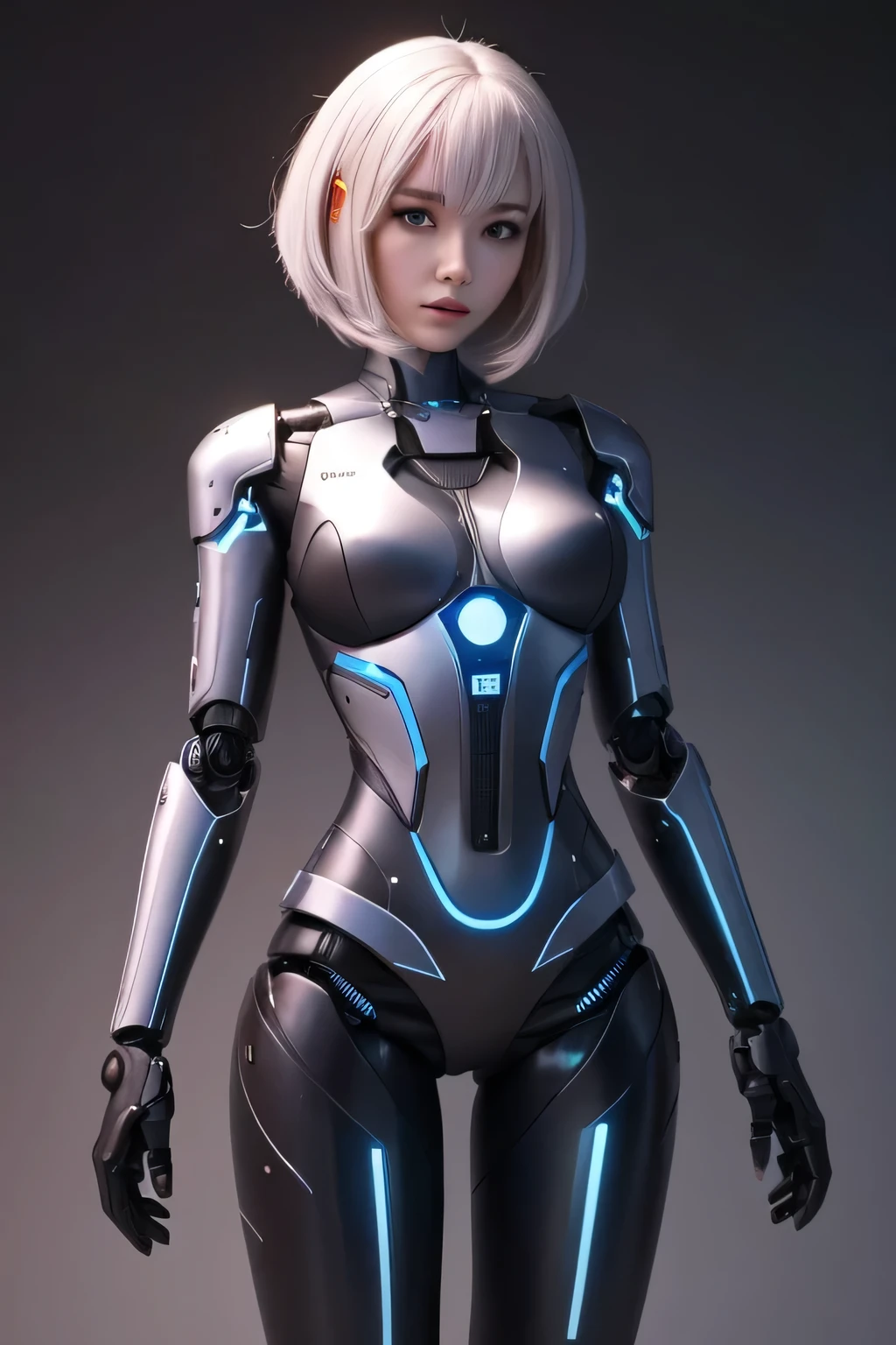 ```
Full-body female cyborg, 100% visible from head to toe, including feet.
16:9 aspect ratio, subject centered, occupying 75% of frame height.
Ample space above head and below feet, ensuring entire figure is shown.
Front-facing pose, eyes looking directly at viewer.
Natural standing position, arms relaxed at sides.
Feet clearly visible, planted firmly on the ground, shoulder-width apart.
Balanced blend of human and cybernetic features.
Facial expression conveying human emotion and warmth.
Slavic features: high cheekbones, clear blue eyes, fair skin.
Shoulder-length platinum blonde hair with subtle tech highlights.
Feminine body shape with elegant cybernetic enhancements.
Seamless integration of metal and synthetic skin across entire body.
Transparent panels on arms, legs, and torso revealing intricate inner workings.
Hands and feet in full view, showing delicate robotic articulation.
Legs fully extended, emphasizing full-length visibility.
Form-fitting outfit accentuating both human curves and tech elements.
Soft, pulsing blue energy lines tracing major body contours to the toes.
Simple, futuristic background not obscuring any part of the figure.
Even, warm lighting emphasizing both organic and synthetic features.
Composition prioritizing complete visibility from head to toe.
Human-like posture and body language despite technological additions.
Overall aesthetic: beautiful, advanced, and unmistakably human-cyborg hybrid.
```​​​​​​​​​​​​​​​​