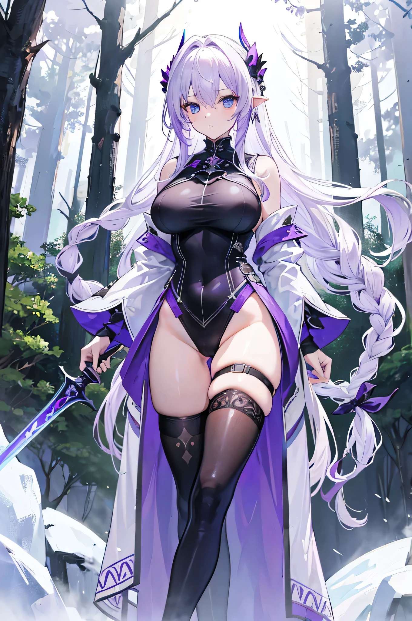 4k,High resolution,One Woman,White purple hair,long hair,Braid,Blue Eyes,Big Breasts,knight,High leg leotard,Bite,Knight&#39;s Armor,Black tights,Boots,Long sword,in the forest