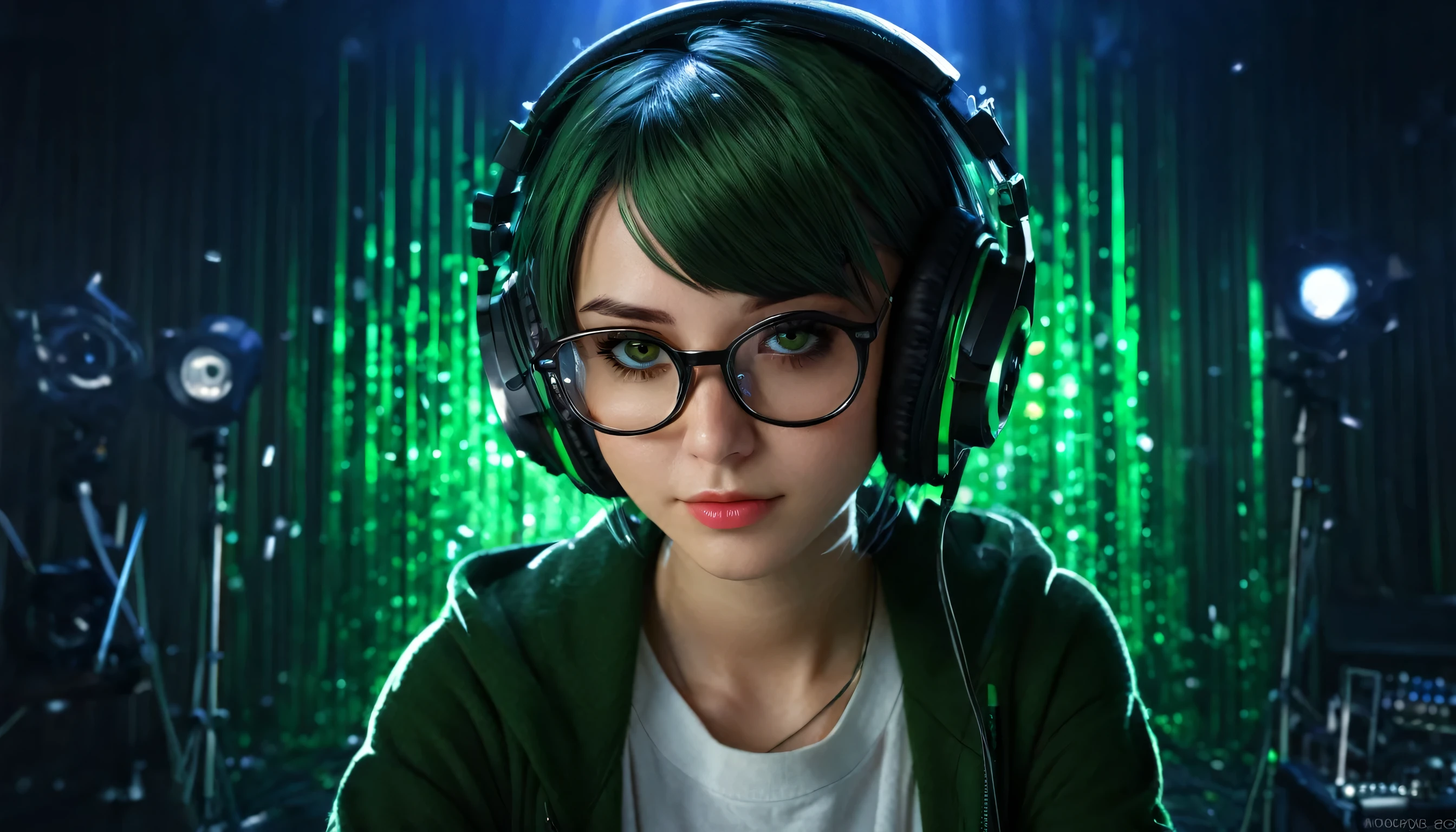 anime, DJ Girl, DJ, DJ girl, Headphones, Highly praised, (Best image quality),masterpiece,highest quality,extremely detailed CG wallpaper, Ultra_detailed,(Cinema Lighting:1.1), (Cold Face), Green Eyes, One girl, alone, Dark Green_hair, short_hair, masterpiece, highest quality, Glasses