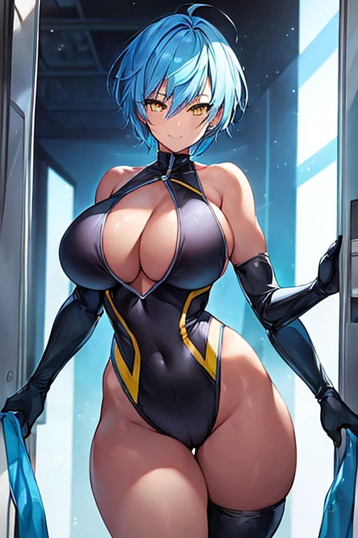 1girl, blue hair, very short hair, pixie cut, spiked hair, tomboy, large breasts, thick thighs, toned, mature female, tall female, yellow eyes, black one-piece swimsuot, smile, wide hips, light smile, happy, competition swimsuit