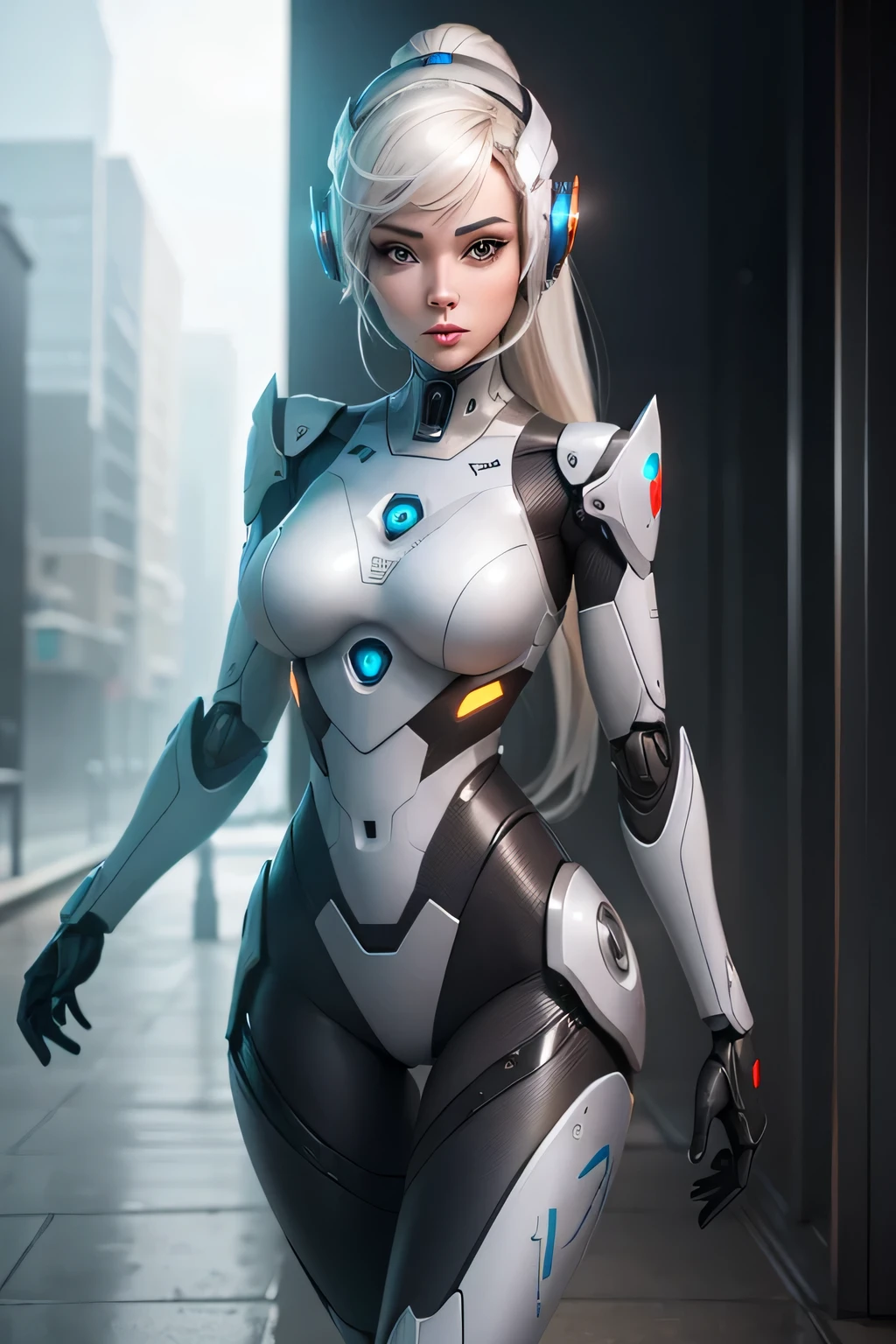 A female robot designed to look like she's wearing a leotard and pantyhose Mechanical body Sitting on the bed Background is the bedroom at night, UHD, retina, masterpiece, accurate, anatomically correct, textured skin, super detail, high details, high quality, award winning, best quality, highres