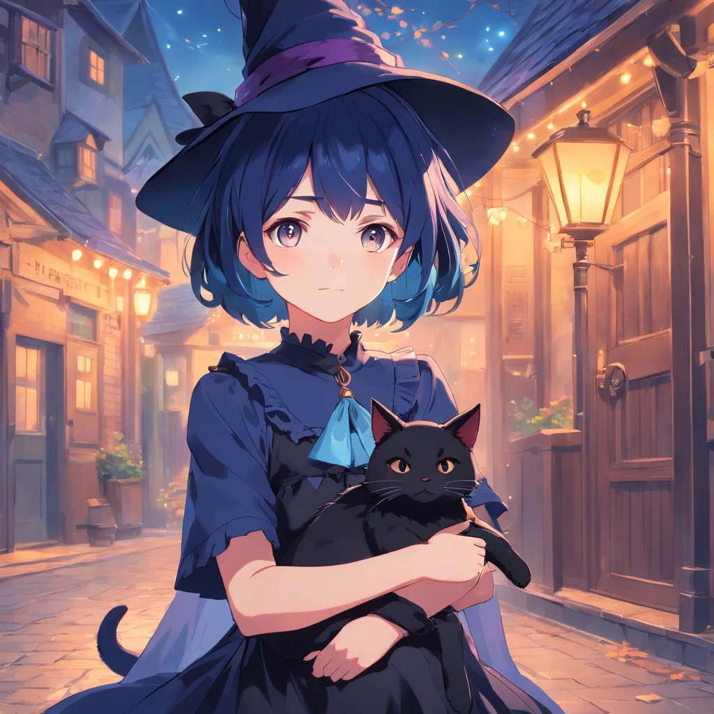 a little witch (girl), with short dark blue hair, wearing a black lolita dress and witch hat, with her black cat (anime style)