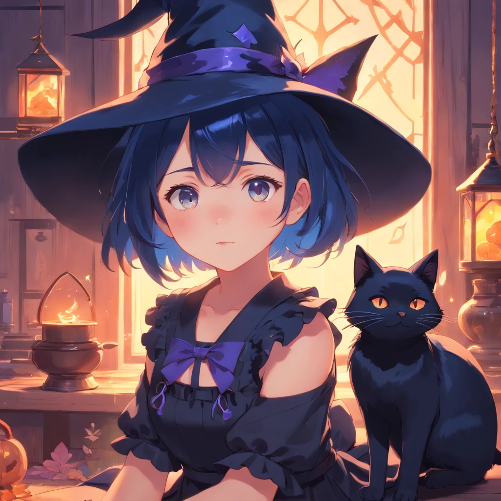 a little witch (girl), with short dark blue hair, wearing a black lolita dress and witch hat, with her black cat (anime style)