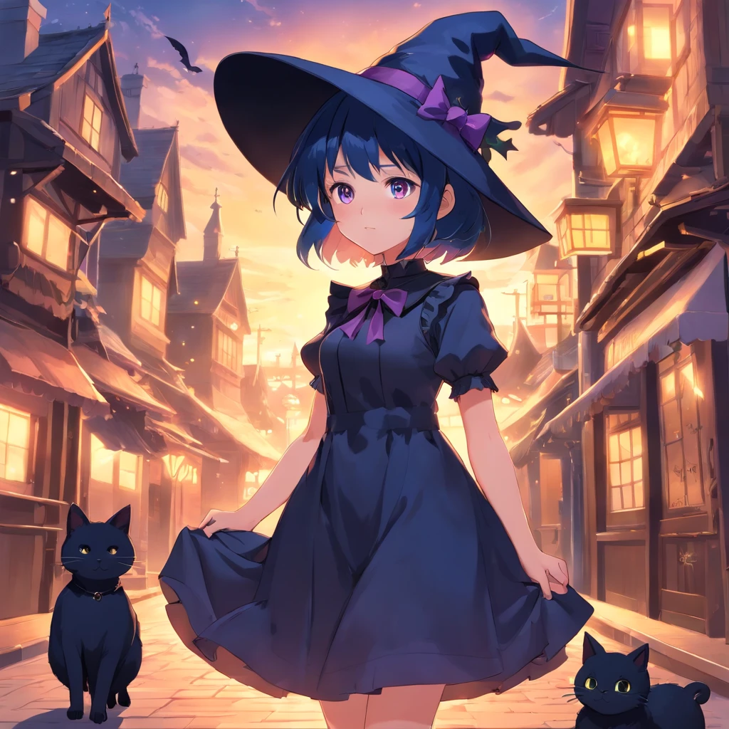 a witch (girl), with short dark blue hair, wearing a black lolita dress and witch hat, with her black cat (anime style)