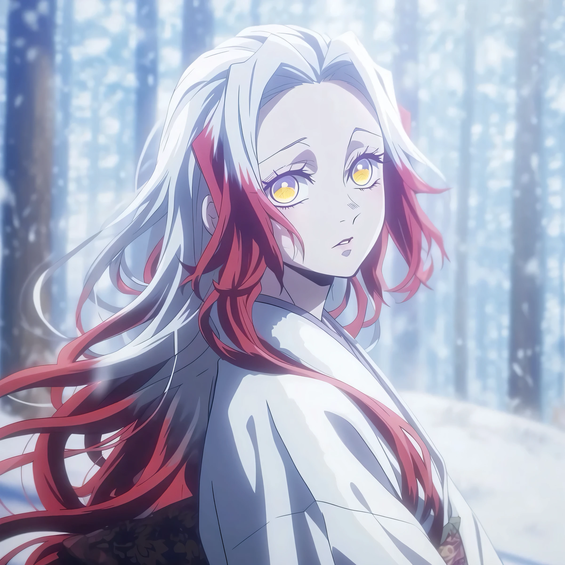 Personagem feminina estilo anime kimetsu no yaiba, cabelos longos e brancos, olhos amarelos, usando um kimono com uma katana, em uma floresta com neve, cabelo branco e olhos amarelos, soft expression, in fighting position. Poder do sangue.