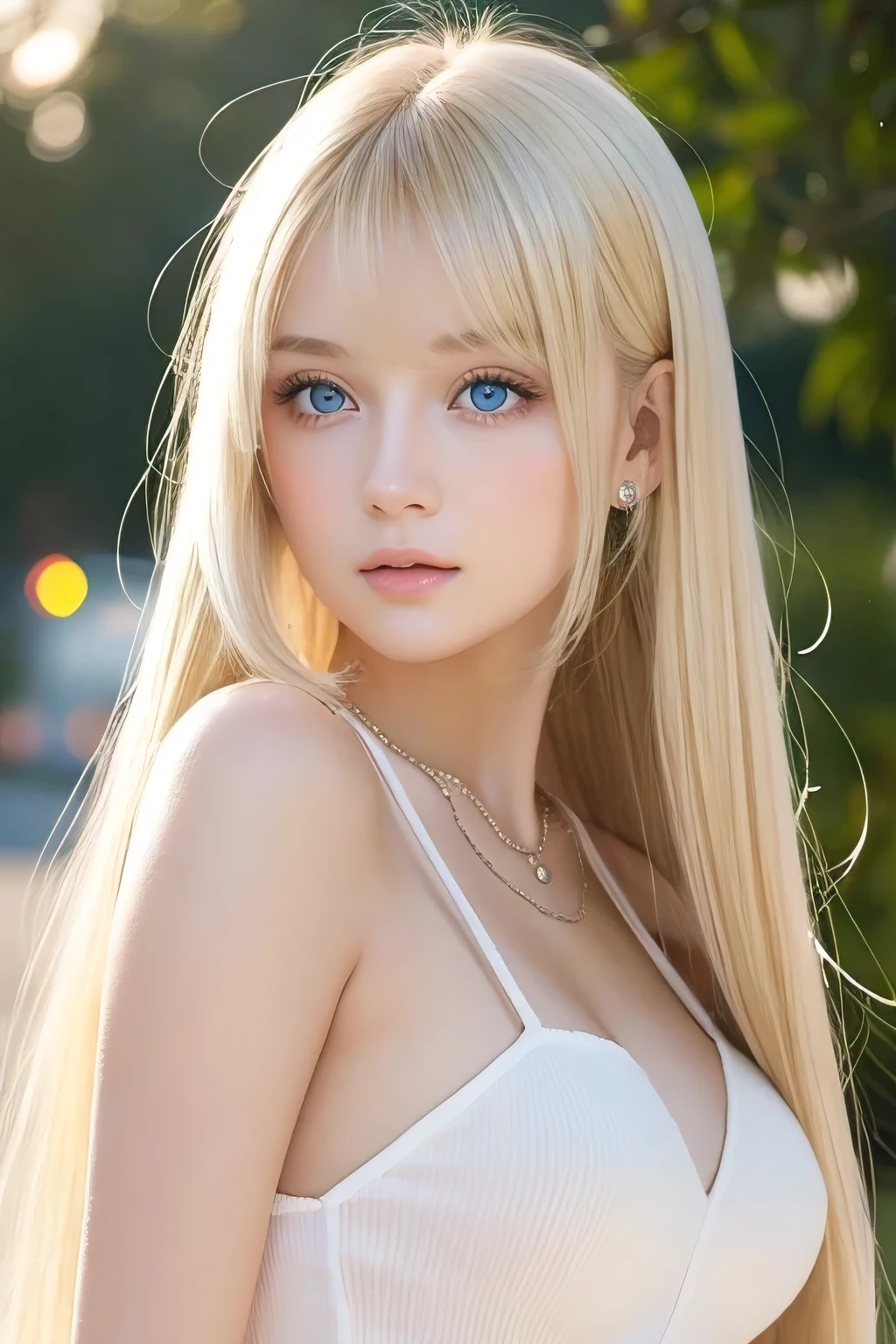 Shiny, Beautiful white skin、Hair color changes with light、Long bangs obstruct the view、Cheek gloss highlighter、Sexy and very beautiful, Ladylike, cute, Gorgeous face、The most beautiful face in the world、The most beautiful super long blonde hair in the world、Smooth, Straight Hair、Bright light blue eyes, lighting equipment、Beautiful pony、Beautiful 15 year old Swedish girl、Baby Face
