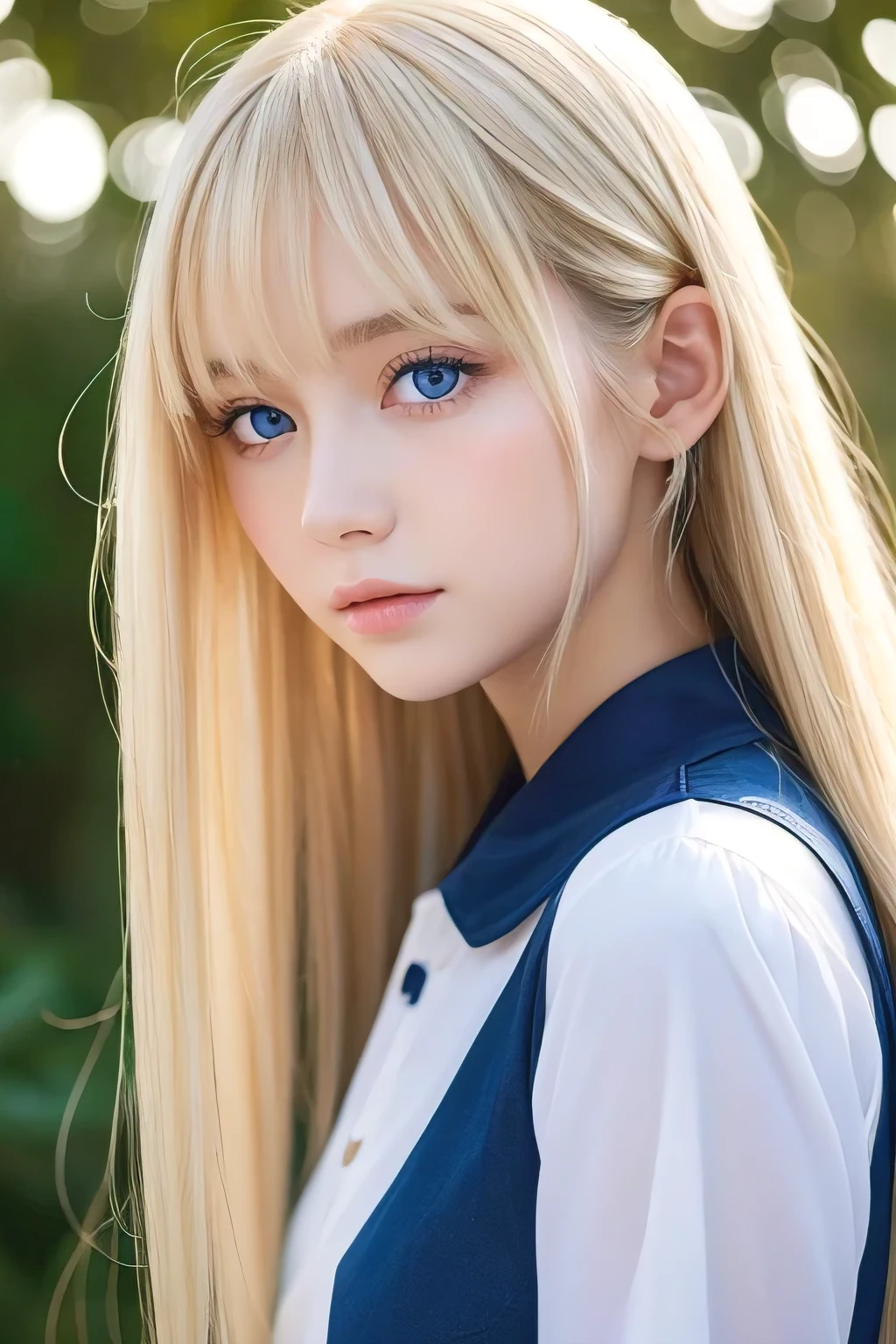 Shiny, Beautiful white skin、Hair color changes with light、Long bangs obstruct the view、Cheek gloss highlighter、Sexy and very beautiful, Ladylike, cute, Gorgeous face、The most beautiful face in the world、The most beautiful super long blonde hair in the world、Smooth, Straight Hair、Bright light blue eyes, lighting equipment、Beautiful pony、Beautiful Swedish girl、Baby Face