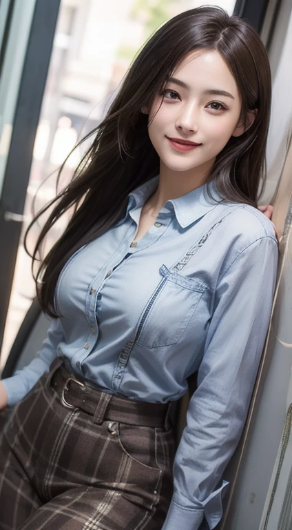 Photorealistic, masutepiece, Best Quality, Raw photo, 1girl in, Solo, Long hair, Brown hair, Detailed face, alluring face, mournful smile、From thigh up、Collared shirt, medium breasts, Dynamic Pose, Looking at Viewer, From below, Detailed background, fine detailed, intricate detailes, Ray tracing, depth of fields, lowkey, nffsw