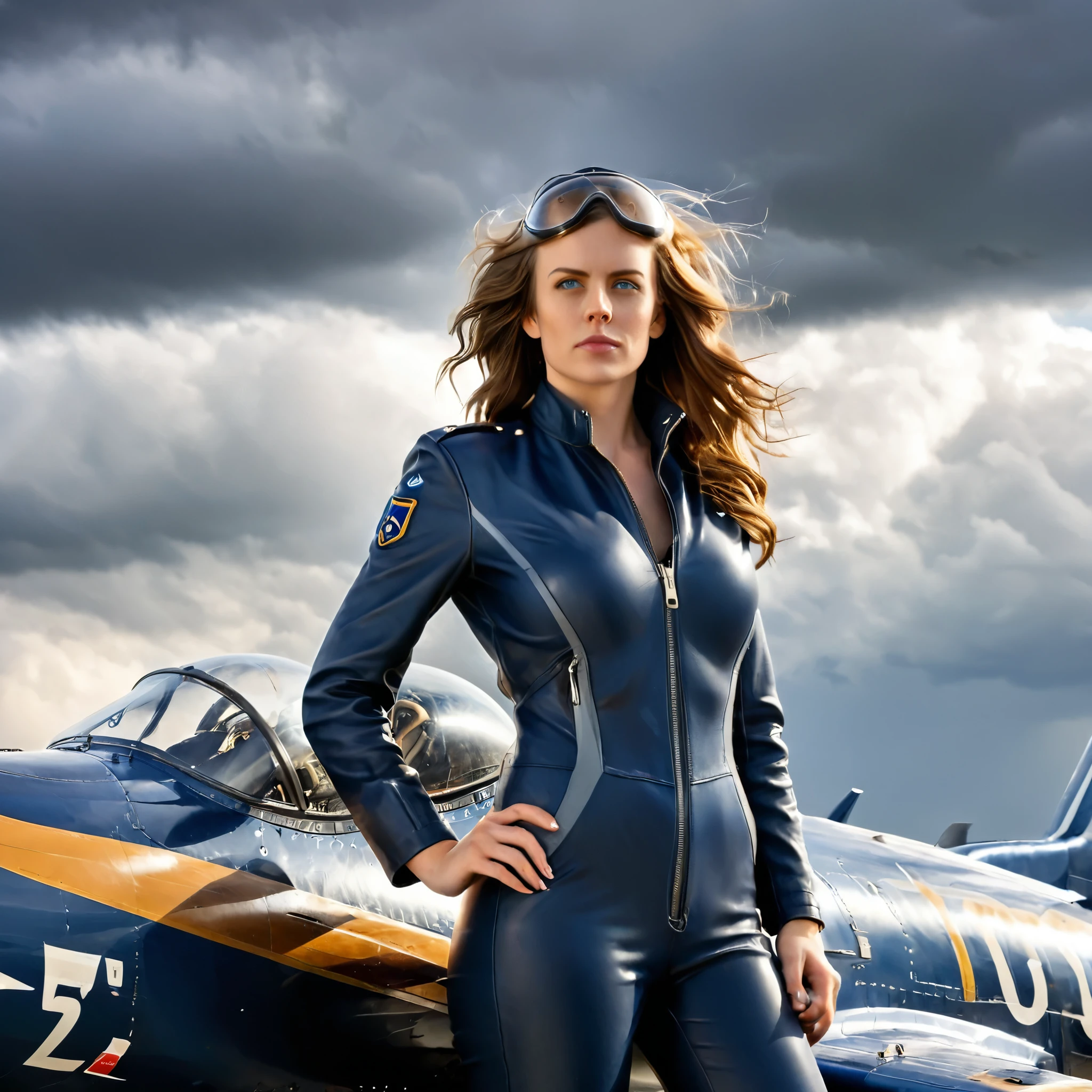 A striking, realistic portrait of a confident female pilot in a dark blue, leather flight suit. The woman has long, wavy hair flowing in the wind and piercing blue eyes. She stands in front of a vintage fighter jet with a pilot in the cockpit behind her, wearing a helmet and goggles. The background showcases a dramatic sky with dark, stormy clouds parting to reveal a hint of sunlight. Another aircraft is visible flying in the distant sky. The scene is highly detailed, capturing the textures of the leather suit, the metal of the aircraft, and the dynamic atmosphere of the sky.