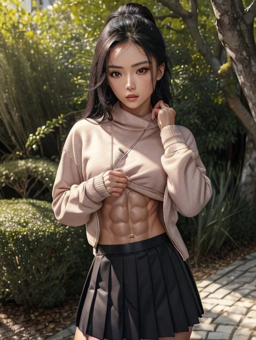 Pretty nerdy Chinese girl, detailed face and eyes, looking at viewer, masterpiece, best quality, shallow depth of field, 8K HDR, huge breasts, 85mm photo, shallow depth of field, tack sharp, (1girl:1.9), 18 years old, , black hair, tanned skin, short ponytail, 4’9” height, (wearing sweat shirt and pleated skirt:1.3), showing abs, chiselled abs, (8-pack abs:1.5), abs of steel, shredded abdominal muscle, cut lower obliques, washboard abs, (slim body:1.2), gorgeous, standing in the park, wearing make up, (beautiful feminine face:1.8)
