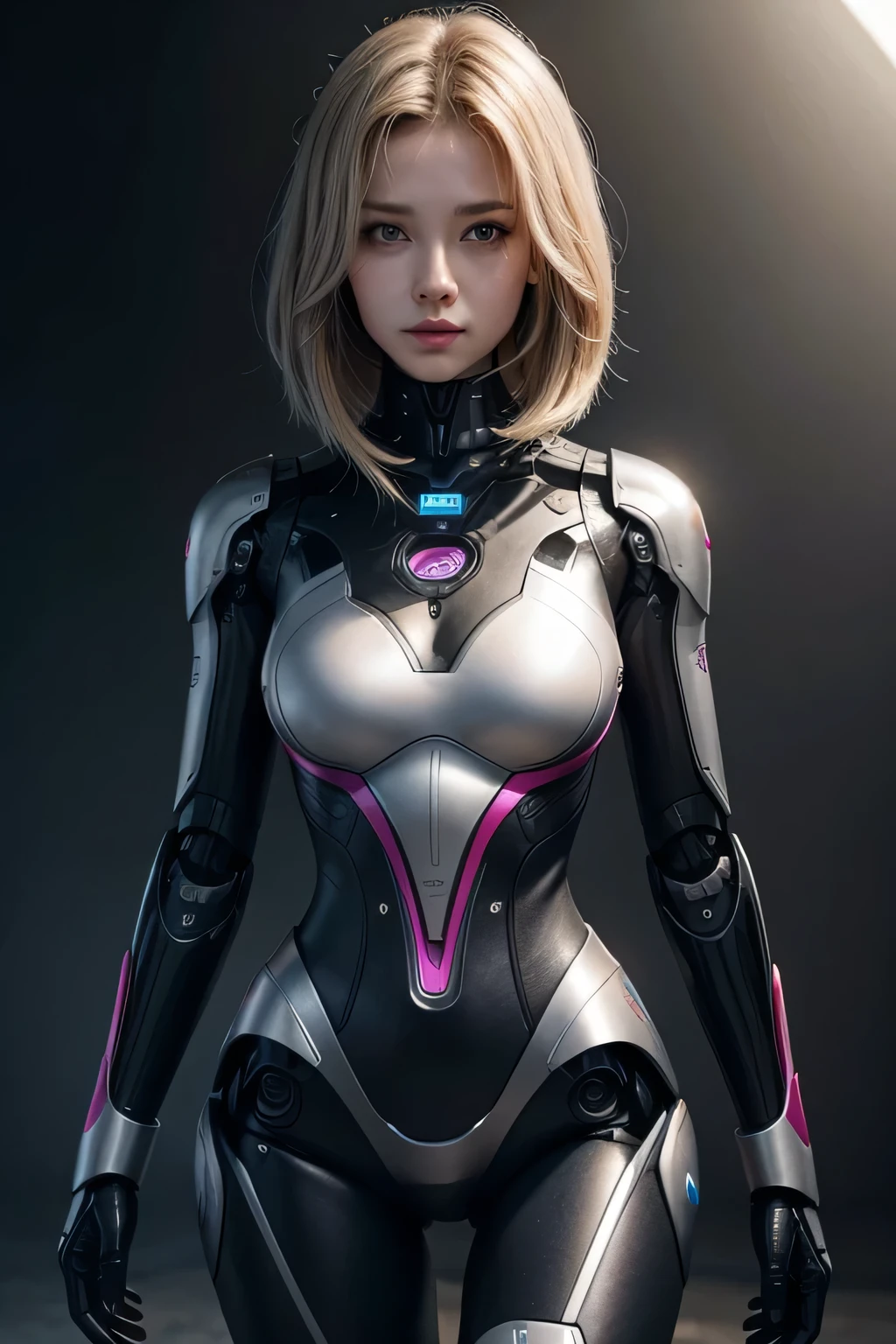 A female robot designed to look like she's wearing a leotard and pantyhose Mechanical body Sitting on the bed Background is the bedroom at night, UHD, retina, masterpiece, accurate, anatomically correct, textured skin, super detail, high details, high quality, award winning, best quality, highres