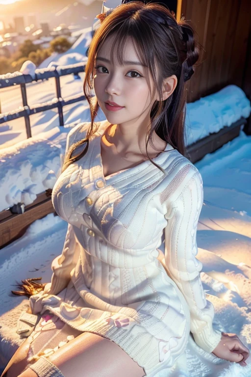 (Make your subject look three-dimensional with the contrast of light and shadow),(((With the sunset in the background))),(((standing on a snowy mountain in winter:1.3))),cute and beautiful adult woman,cute smile,with blushing cheeks,red lips,(((off-white knit jumper dress:1.3))),black stockings,Knee-high boots,(silvery hair,floral braided headband,half up、floral braided space bun,voluminous fishtail braid,Twisted pan,),(The bangs are see-through bangs),hairpin,hair ornaments,(((emphasize the chest:1.3))),Breast flick,Detailed clothing characteristics,Detailed characteristics of hair,detailed facial features,(dynamic angle),(dynamic and sexy pose),professional lighting,cinematic light,(highest quality,Ultra high resolution output image,) ,(8K quality,Depth of the bounds written,Anatomically accurate facial structure,),(sea art 2 mode:1.3),(Image mode Ultra HD,),(3D Realistic Photography:1.3)