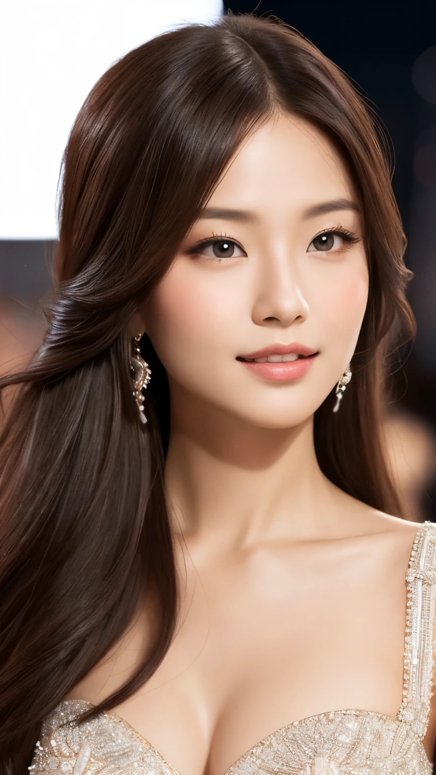 highest quality、Realistic、Realistic、Very detailed、Very delicate and beautiful、RAW Photos、Professional Lighting、Facial Light、Written boundary depth、Focus Only、Ezvian everywhere,1 female (Beach at night):1.4)、Brown haired、Brown eyes、Small Head、Beautiful Eyes、Dark eyeliner、Very large breasts、True Face、Real Skin、Lively Faces、Realistic Skin、Fine grain、Detailed facial features、Detailed characteristics of the garment、(Fashion Clothing:1.3) ), (Fashion Hairstyles: 1.3)、 Looking at the audience, Simple Background, Magnificent face and big, Beautiful Teeth、Cleavage