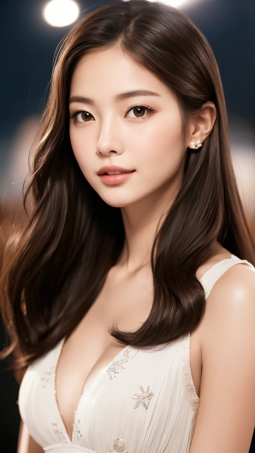 highest quality、Realistic、Realistic、Very detailed、Very delicate and beautiful、RAW Photos、Professional Lighting、Facial Light、Written boundary depth、Focus Only、Ezvian everywhere,1 female (Beach at night):1.4)、Brown haired、Brown eyes、Small Head、Beautiful Eyes、Dark eyeliner、Very large breasts、True Face、Real Skin、Lively Faces、Realistic Skin、Fine grain、Detailed facial features、Detailed characteristics of the garment、(Fashion Clothing:1.3) ), (Fashion Hairstyles: 1.3)、 Looking at the audience, Simple Background, Magnificent face and big, Beautiful Teeth、Cleavage