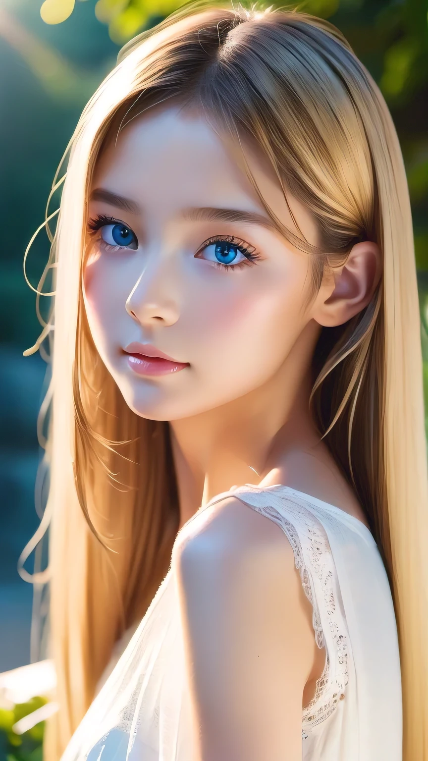 Shiny, Beautiful white skin、Hair color changes with light、Long bangs obstruct the view、Cheek gloss highlighter、Sexy and very beautiful, Ladylike, cute, Gorgeous face、The most beautiful face in the world、The most beautiful super long blonde hair in the world、Smooth, Straight Hair、Bright light blue eyes, lighting equipment、Beautiful pony、Beautiful 15 year old Swedish girl、Baby Face