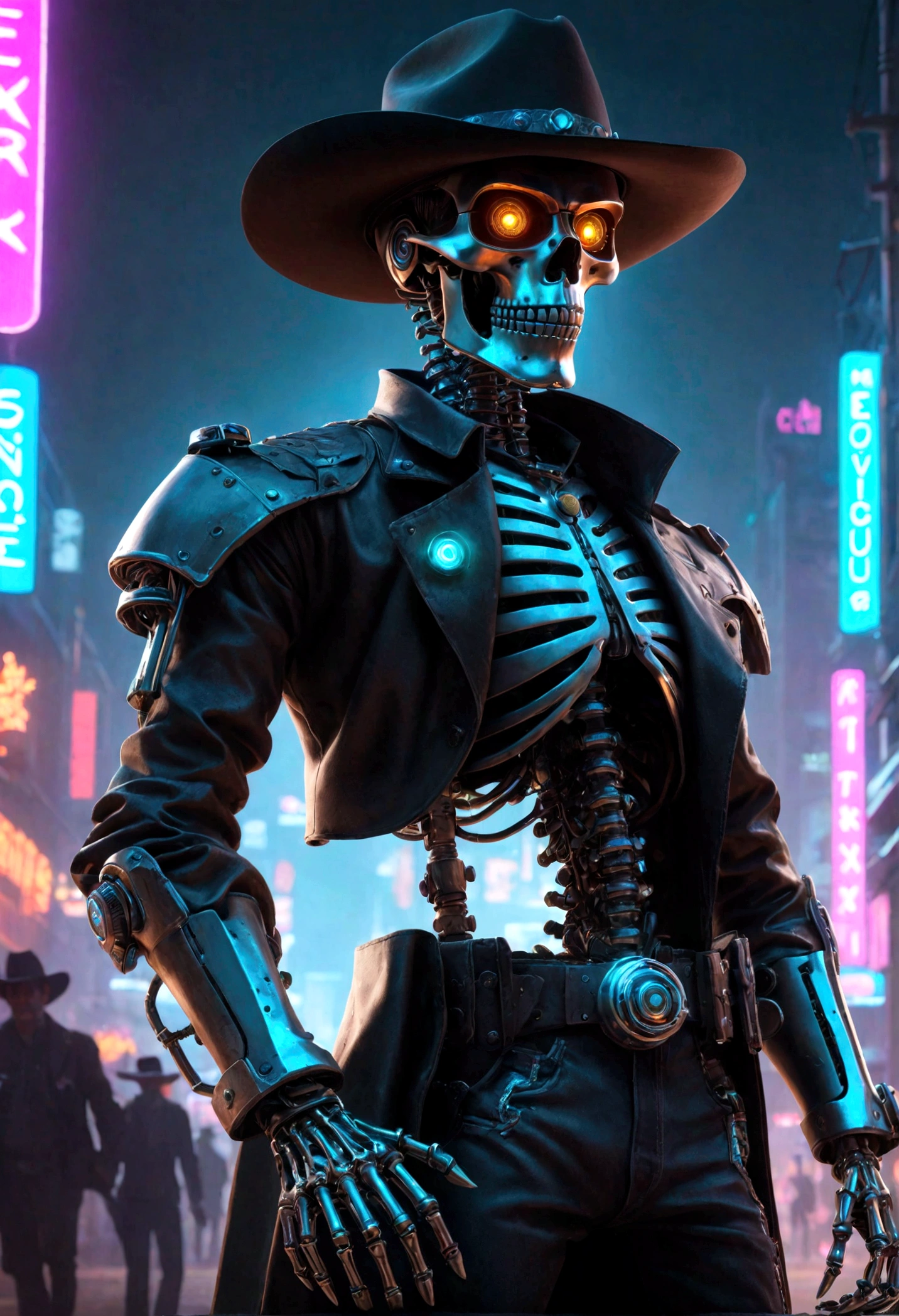 personagem cyber punk,Cowboy Sheriff Robot Skeleton,Fundo escuro misterioso,luz neon,ciberneticamente melhorado,Armas do futuro,Wearing a cowboy hat+luz neon edge,bionic arm,metallic chin,olhos vermelhos luminosos,dystopian city,sharp focus,steel texture,cor viva,estilo de arte conceitual.(Best quality at best,4k,8K,A high resolution,obra-prima:1.2),ultra-detalhado,(real,photoreal,photo-real:1.37),