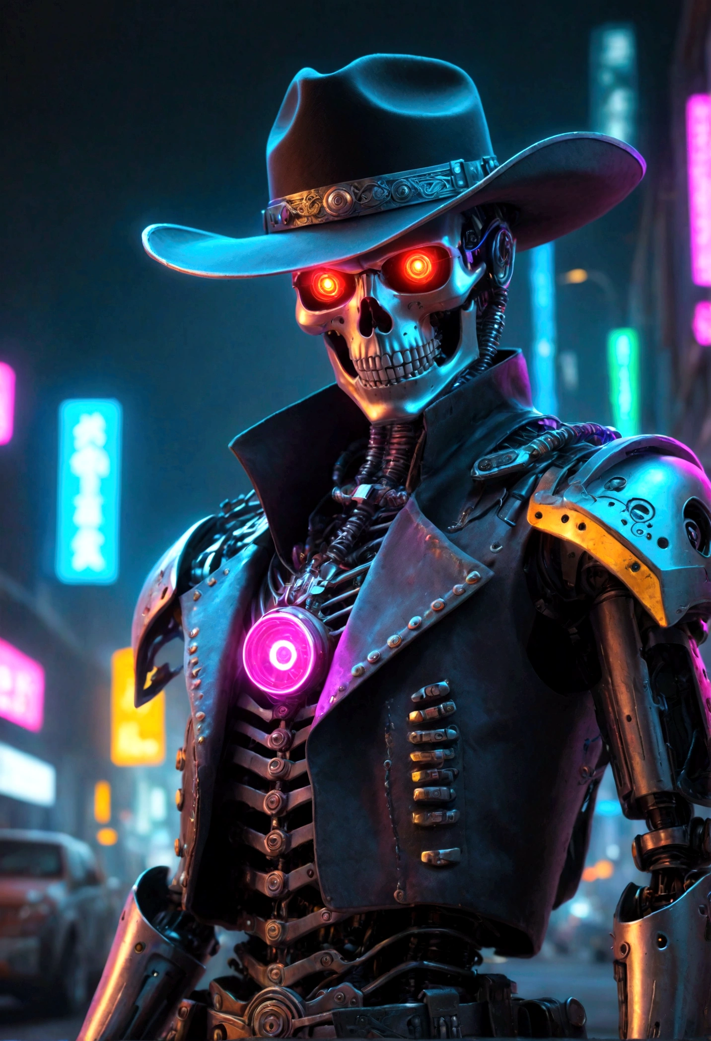 personagem cyber punk,Cowboy Sheriff Robot Skeleton,Fundo escuro misterioso,luz neon,ciberneticamente melhorado,Armas do futuro,Wearing a cowboy hat+luz neon edge,bionic arm,metallic chin,olhos vermelhos luminosos,dystopian city,sharp focus,steel texture,cor viva,estilo de arte conceitual.(Best quality at best,4k,8K,A high resolution,obra-prima:1.2),ultra-detalhado,(real,photoreal,photo-real:1.37),