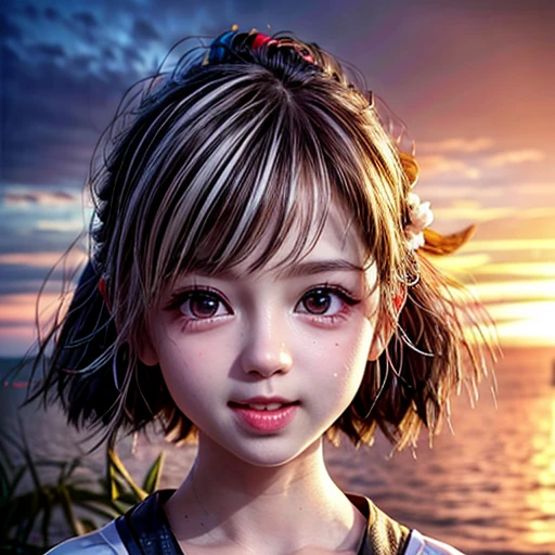 (Close-up:1.4), Tiny girl wearing red tube-top dress, Stroll along evening Beach, (Acutance:0.85), Masterpiece of 8K Ultra-detailed, (Volumetric lighting), (RAW photorealistic:1.37), (Gazing at the sunseting colorful sky) (Dazzling bokeh:1.25), (Golden ray illuminating face), { (Vivid Photon Particles:1.26) | (Gust of wind) } . (((Extremely detailed a face variation of NOGIZAKA girls))), perfect anatomy, Childish, captivating gaze, elaborate detailed Eyes with (sparkling highlights:1.3), long eyelashes、Glossy RED Lips with beautiful details, Coquettish tongue, Rosy cheeks, ((Radiant natural skin with clear transparency)) . { (Dynamic joyful expressions) | (:d) }, (no Large eyes, no tree).