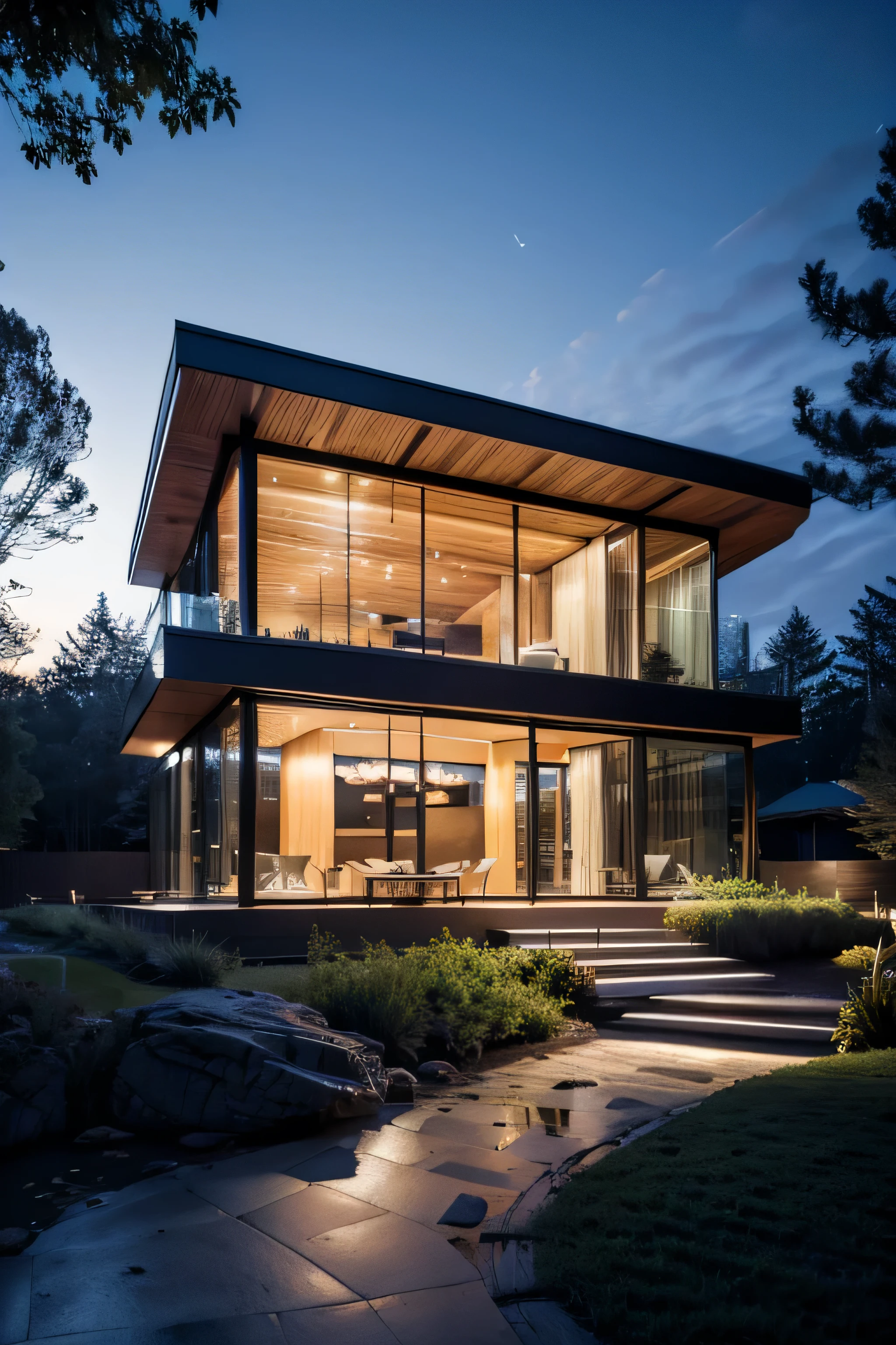 modern villa exterior, glass facade, iron frames, beautiful wooden frame, forest, high trees, (best quality,4k,8k,highres,masterpiece:1.2),ultra-detailed,(realistic,photorealistic,photo-realistic:1.37),professional photograph,landscape,vibrant colors,dramatic lighting,cinematic composition, architectural masterpiece, intricate details, symmetry, natural environment, wooden facade, the sky is full of stars, shiny sky in the night