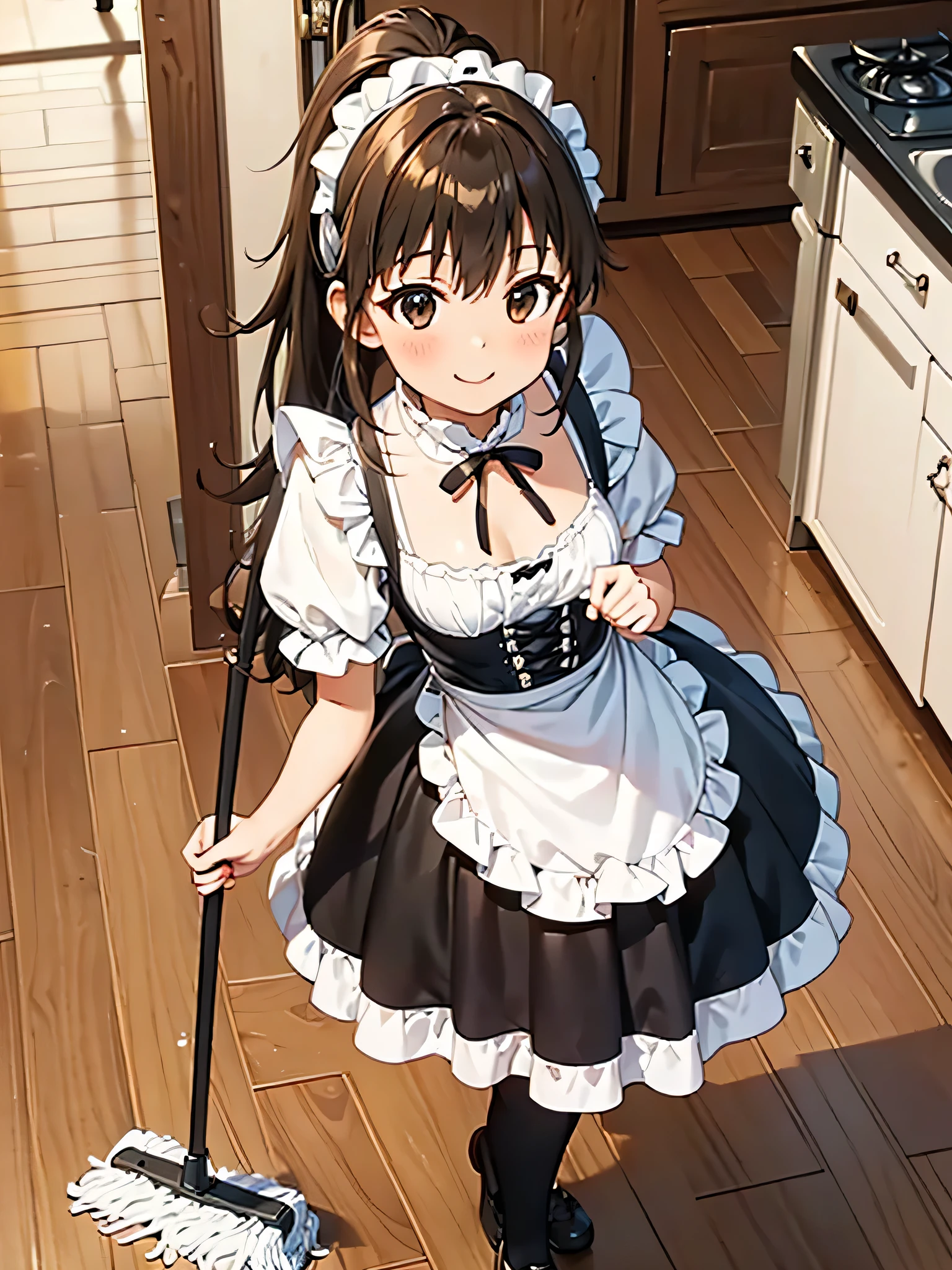 masterpiece, ultra precision, alone, Popura Taneshima, smile, kitchen, Victorian maid, maid, white ribbon, closed, gothic ta clothes, Assistance suit, gothic lolilothing、ponytail, holding mop, floor cleaning,