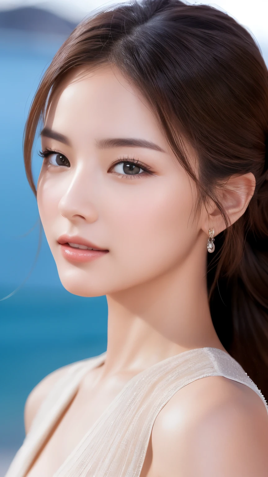 highest quality、Realistic、Realistic、Very detailed、Very delicate and beautiful、RAW Photos、Professional Lighting、Facial Light、Written boundary depth、Focus Only、Ezvian everywhere,1 female (Beach at night):1.4)、Brown haired、Brown eyes、Small Head、Beautiful Eyes、Dark eyeliner、非常にLarge Breasts、True Face、Real Skin、Lively Faces、Realistic Skin、Fine grain、Detailed facial features、Detailed characteristics of the garment、(Fashion Clothing:1.3) ), (Fashion Hairstyles: 1.3)、 Looking at the audience, Simple Background, Magnificent face, Beautiful Teeth、Large Breasts、Valley