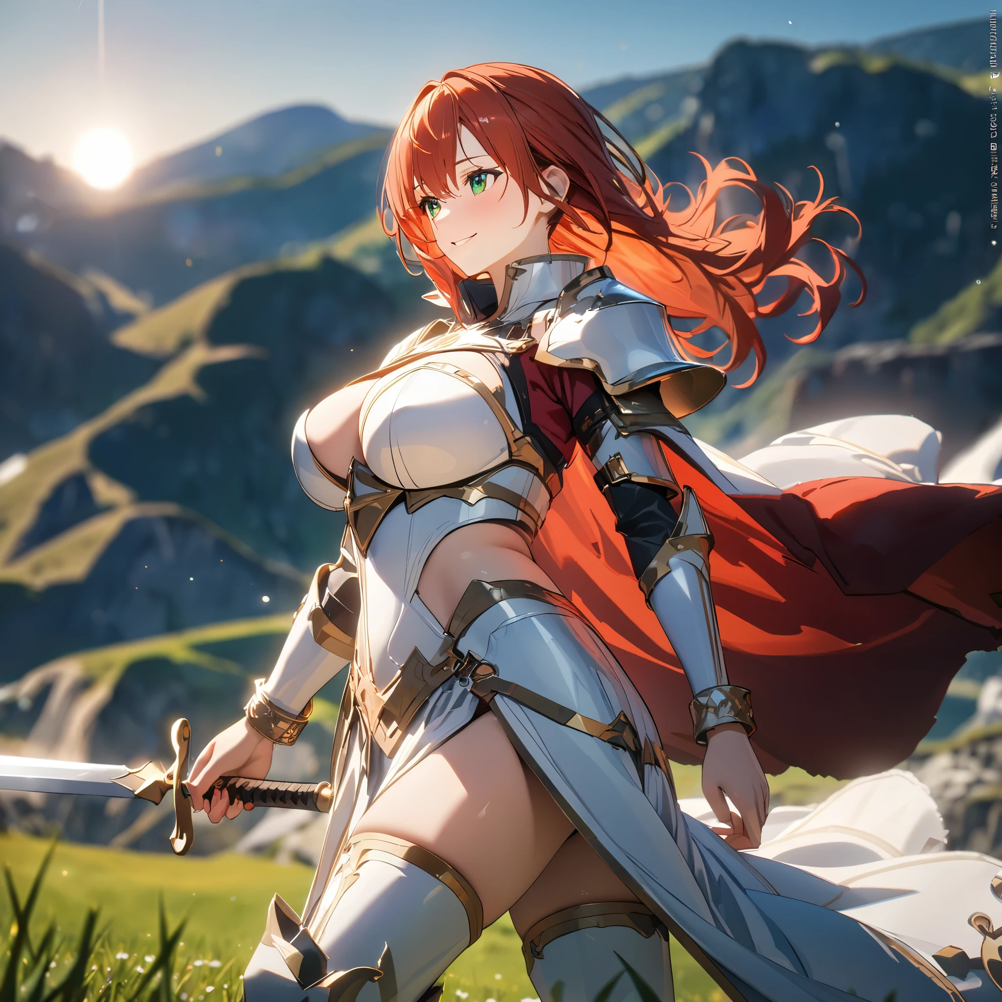 a woman wearing white heavy armor, with gold details, white metal bracelet, white metal bolts, holding a medieval sword, red fur cape, reddish orange hair, green eyes, smiling, big breasts, walking in a wide lawn with mountains background with a view of the sun and sky with some clouds..UHD, masterpiece, accurate, anatomically correct, textured skin, super detail, high quality, best quality, 8k, high resolution, bokeh effect.(solo woman)
