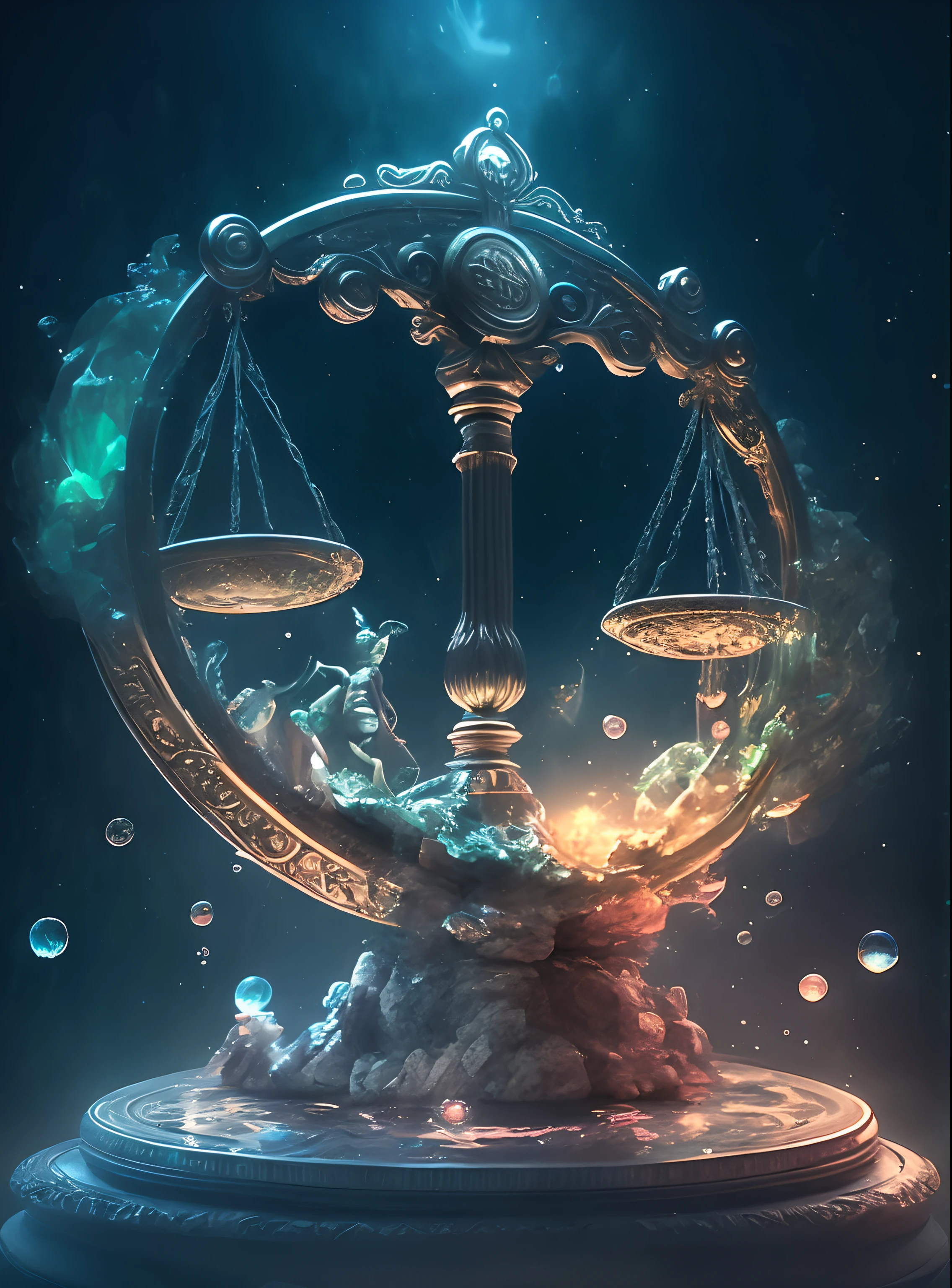 Digital Painting of Statues with Proportions and Bubbles, libra zodiac sign, libra symbol, arte conceitual digital de alta qualidade, artefato jpeg de papel de parede hd 8k, artefato jpeg de papel de parede hd 8k, Arte detalhada de alta qualidade 8k, arte digital detalhada de fantasia 2D, arte de fantasia de alta qualidade,Tela detalhada,Retro,mito,Libra,Scales,Prato de pesagem