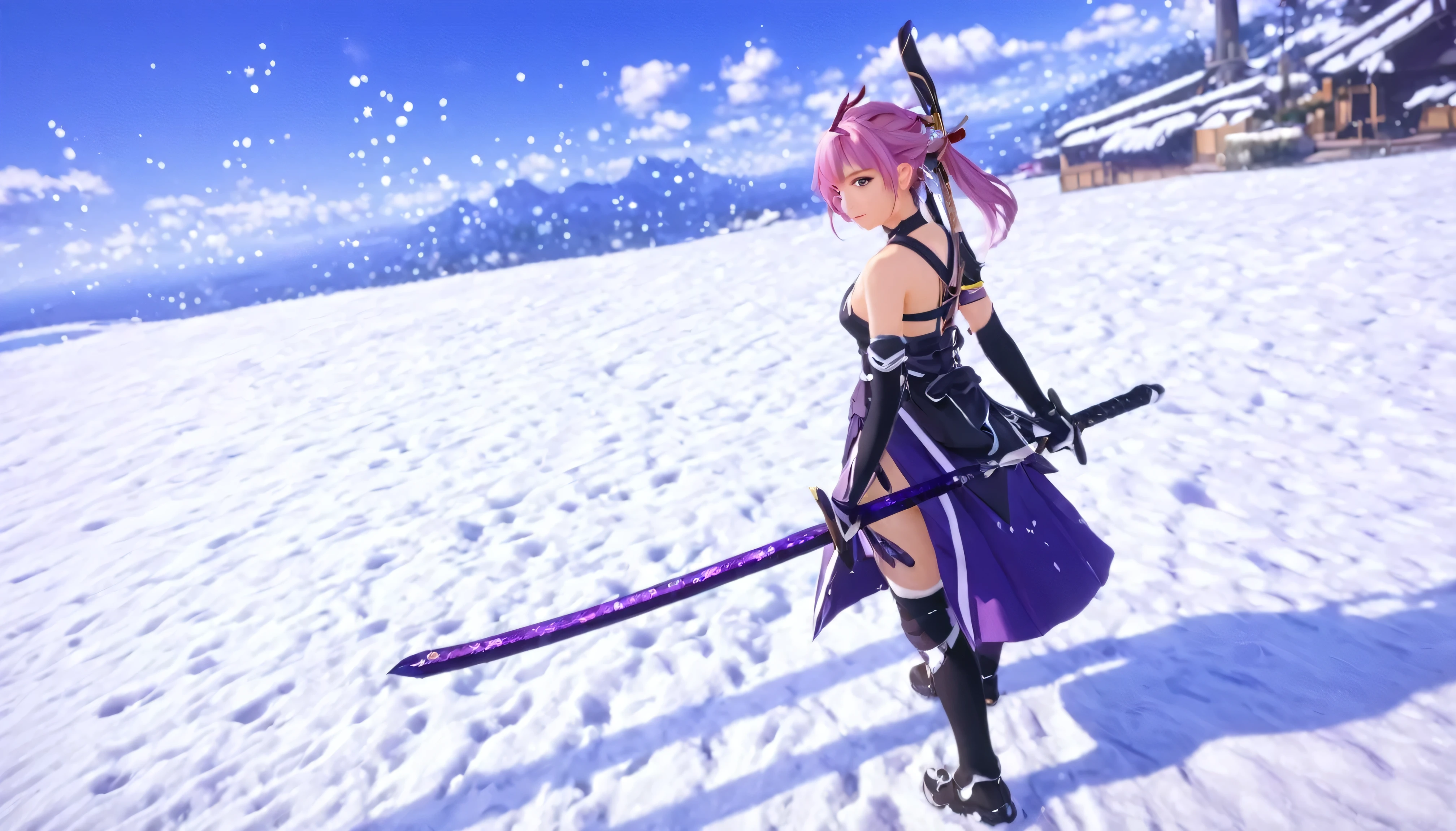 Anime - imagem de estilo de uma mulher com cabelo roxo e uma espada, como personagem em tekken, mortos ou vivos 6, 8k octae renderizar foto, Impacto de Ayaka Genshin, personagem de jogo de luta, Personagem de videogame Katana Zero, ayaka jogo genshin impact, estilo de jogo square enix, TEKKEN 7, Jogo CG, Detalhes do caractere 8K