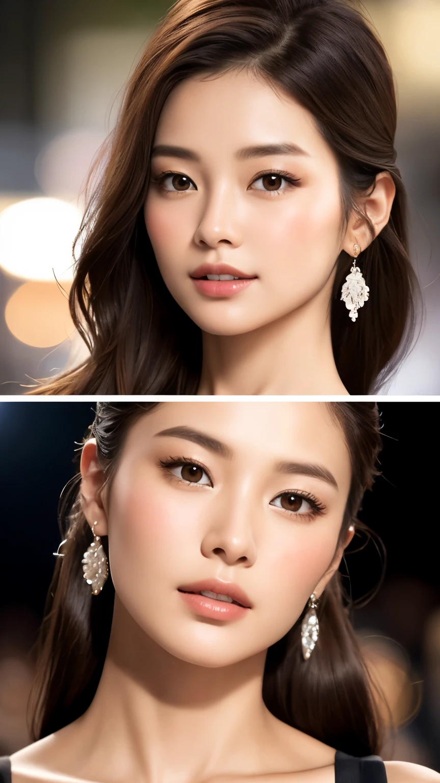 highest quality、Realistic、Realistic、Very detailed、Very delicate and beautiful、RAW Photos、Professional Lighting、Facial Light、Written boundary depth、Focus Only、Ezvian everywhere,1 female (Beach at night):1.4)、Brown haired、Brown eyes、Small Head、Beautiful Eyes、Dark eyeliner、非常にLarge Breasts、True Face、Real Skin、Lively Faces、Realistic Skin、Fine grain、Detailed facial features、Detailed characteristics of the garment、(Fashion Clothing:1.3) ), (Fashion Hairstyles: 1.3)、 Looking at the audience, Simple Background, Magnificent face, Beautiful Teeth、Large Breasts、Valley