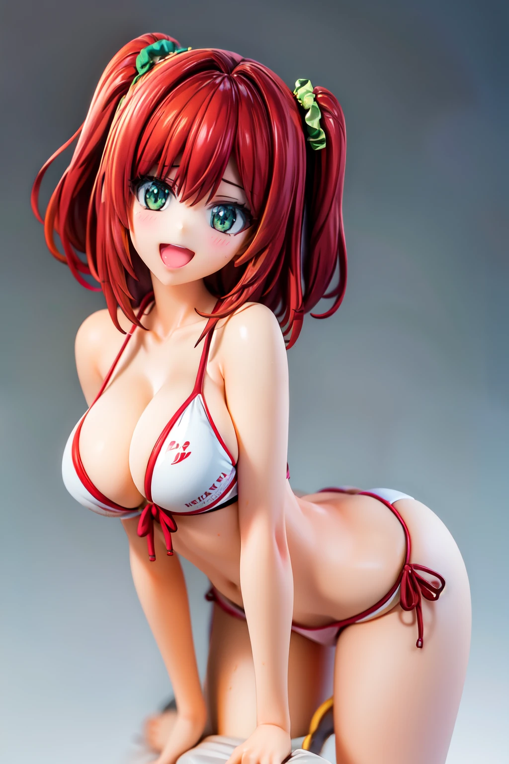 best quality, masterpiece, extremely detailed CG, official art , professional lighting, detailed background, sakimiyairuka, red hair, green eyes,(one side up), medium hair, side ponytail, green scrunchie, hair ornament, gleaming skin, big breasts, big ass, micro bikini, cameltoe, smile, collar, beach,