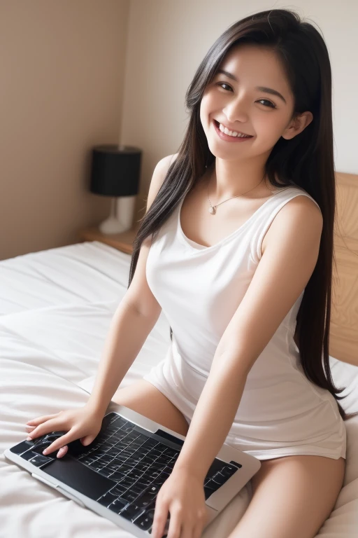 woman sitting on a bed with a laptop and a keyboard, she is smiling and excited, young and cute girl, good young girl, background is heavenly, highly realistic. live cam, sitting on her bed, sitting in her room, she is laughing, smooth in _ the background, 1 8 yo, she has a cute expressive face, webcam footage