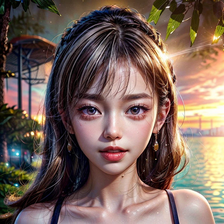 (Close-up:1.4), Tiny girl wearing red tube-top dress, Stroll along evening Beach, (Acutance:0.85), Masterpiece of 8K Ultra-detailed, (Volumetric lighting), (RAW photorealistic:1.37), (Gazing at the sunseting colorful sky) (Dazzling bokeh:1.25), (Golden ray illuminating face), { (Vivid Photon Particles:1.26) | (Gust of wind) } . (((Extremely detailed a face variation of NOGIZAKA girls))), perfect anatomy, Childish, captivating gaze, elaborate detailed Eyes with (sparkling highlights:1.3), long eyelashes、Glossy RED Lips with beautiful details, Coquettish tongue, Rosy cheeks, ((Radiant natural skin with clear transparency)) . { (Dynamic joyful expressions) | (:d) }, (no Large eyes, no tree).