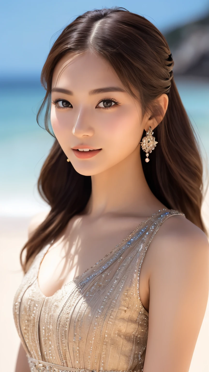 highest quality、Realistic、Realistic、Very detailed、Very delicate and beautiful、RAW Photos、Professional Lighting、Facial Light、Written boundary depth、Focus Only、Ezvian everywhere,1 female (Beach at night):1.4)、Brown haired、Brown eyes、Small Head、Beautiful Eyes、Dark eyeliner、非常にLarge Breasts、True Face、Real Skin、Lively Faces、Realistic Skin、Fine grain、Detailed facial features、Detailed characteristics of the garment、(Fashion Clothing:1.3) ), (Fashion Hairstyles: 1.3)、 Looking at the audience, Simple Background, Magnificent face, Beautiful Teeth、Large Breasts、Valley