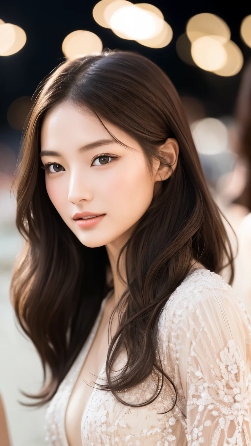 highest quality、Realistic、Realistic、Very detailed、Very delicate and beautiful、RAW Photos、Professional Lighting、Facial Light、Written boundary depth、Focus Only、Ezvian everywhere,1 female (Beach at night):1.4)、Brown haired、Brown eyes、Small Head、Beautiful Eyes、Dark eyeliner、非常にLarge Breasts、True Face、Real Skin、Lively Faces、Realistic Skin、Fine grain、Detailed facial features、Detailed characteristics of the garment、(Fashion Clothing:1.3) ), (Fashion Hairstyles: 1.3)、 Looking at the audience, Simple Background, Magnificent face, Beautiful Teeth、Large Breasts、Valley