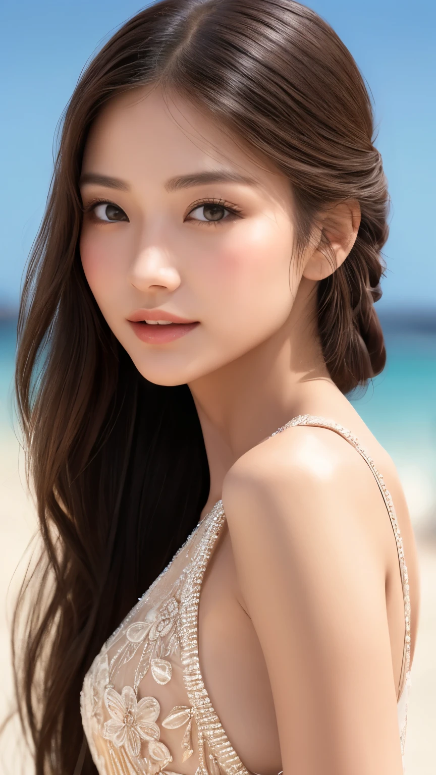 highest quality、Realistic、Realistic、Very detailed、Very delicate and beautiful、RAW Photos、Professional Lighting、Facial Light、Written boundary depth、Focus Only、Ezvian everywhere,1 female (Beach at night):1.4)、Brown haired、Brown eyes、Small Head、Beautiful Eyes、Dark eyeliner、非常にLarge Breasts、True Face、Real Skin、Lively Faces、Realistic Skin、Fine grain、Detailed facial features、Detailed characteristics of the garment、(Fashion Clothing:1.3) ), (Fashion Hairstyles: 1.3)、 Looking at the audience, Simple Background, Magnificent face, Beautiful Teeth、Large Breasts、Valley