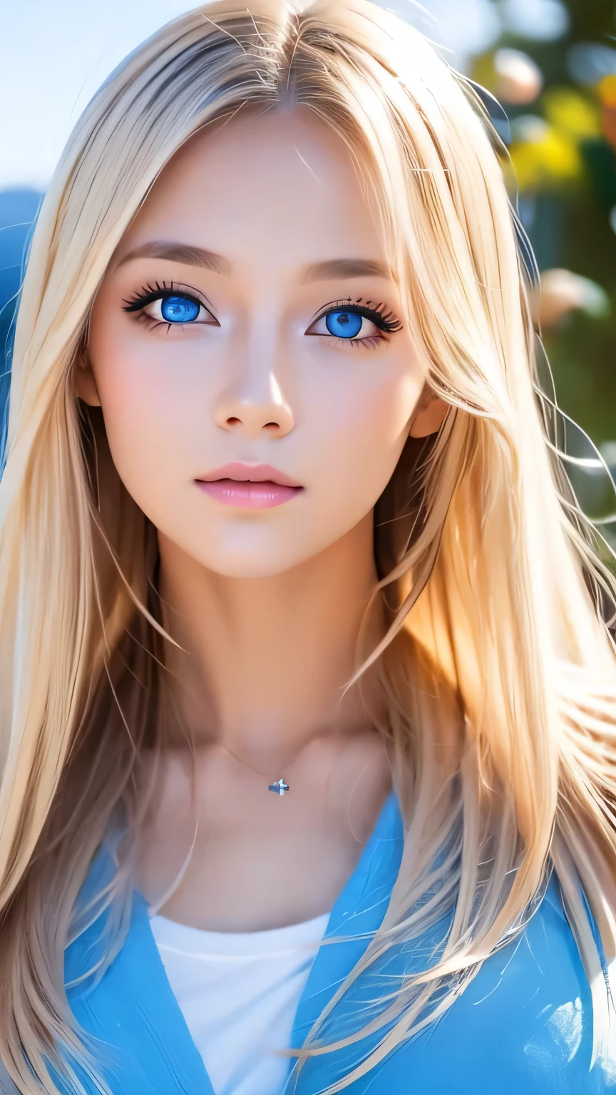 Shiny, Beautiful white skin、Hair color changes with light、Long bangs obstruct the view、Cheek gloss highlighter、Sexy and very beautiful, Ladylike, cute, Gorgeous face、The most beautiful face in the world、The most beautiful super long blonde hair in the world、Smooth, Straight Hair、Bright light blue eyes, lighting equipment、Beautiful pony、Beautiful 15 year old Swedish girl、Baby Face