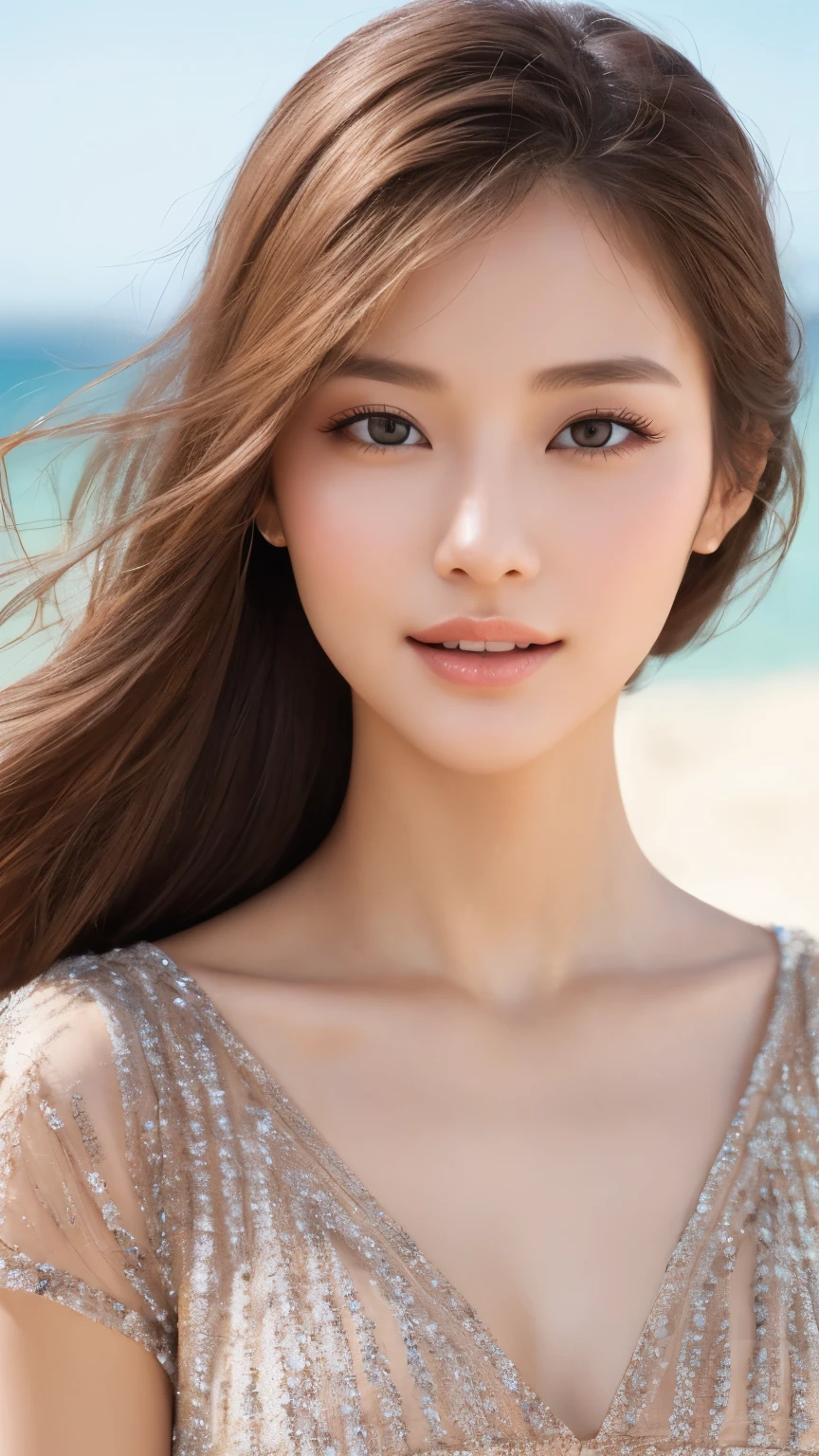 highest quality、Realistic、Realistic、Very detailed、Very delicate and beautiful、RAW Photos、Professional Lighting、Facial Light、Written boundary depth、Focus Only、Ezvian everywhere,1 female (Beach at night):1.4)、Brown haired、Brown eyes、Small Head、Beautiful Eyes、Dark eyeliner、非常にLarge Breasts、True Face、Real Skin、Lively Faces、Realistic Skin、Fine grain、Detailed facial features、Detailed characteristics of the garment、(Fashion Clothing:1.3) ), (Fashion Hairstyles: 1.3)、 Looking at the audience, Simple Background, Magnificent face, Beautiful Teeth、Large Breasts、Valley