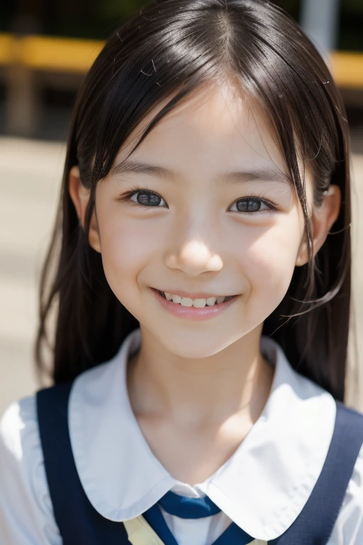 lens: 135mm f1.8, (highest quality),(RAW Photos), (Tabletop:1.1), (Beautiful 9 year old Japanese girl), Cute Face, (Deeply chiseled face:0.7), (freckles:0.4), dappled sunlight, Dramatic lighting, (Japanese School Uniform), (On campus), shy, (Close-up shot:1.2), (smile),, (Sparkling eyes)、(sunlight)