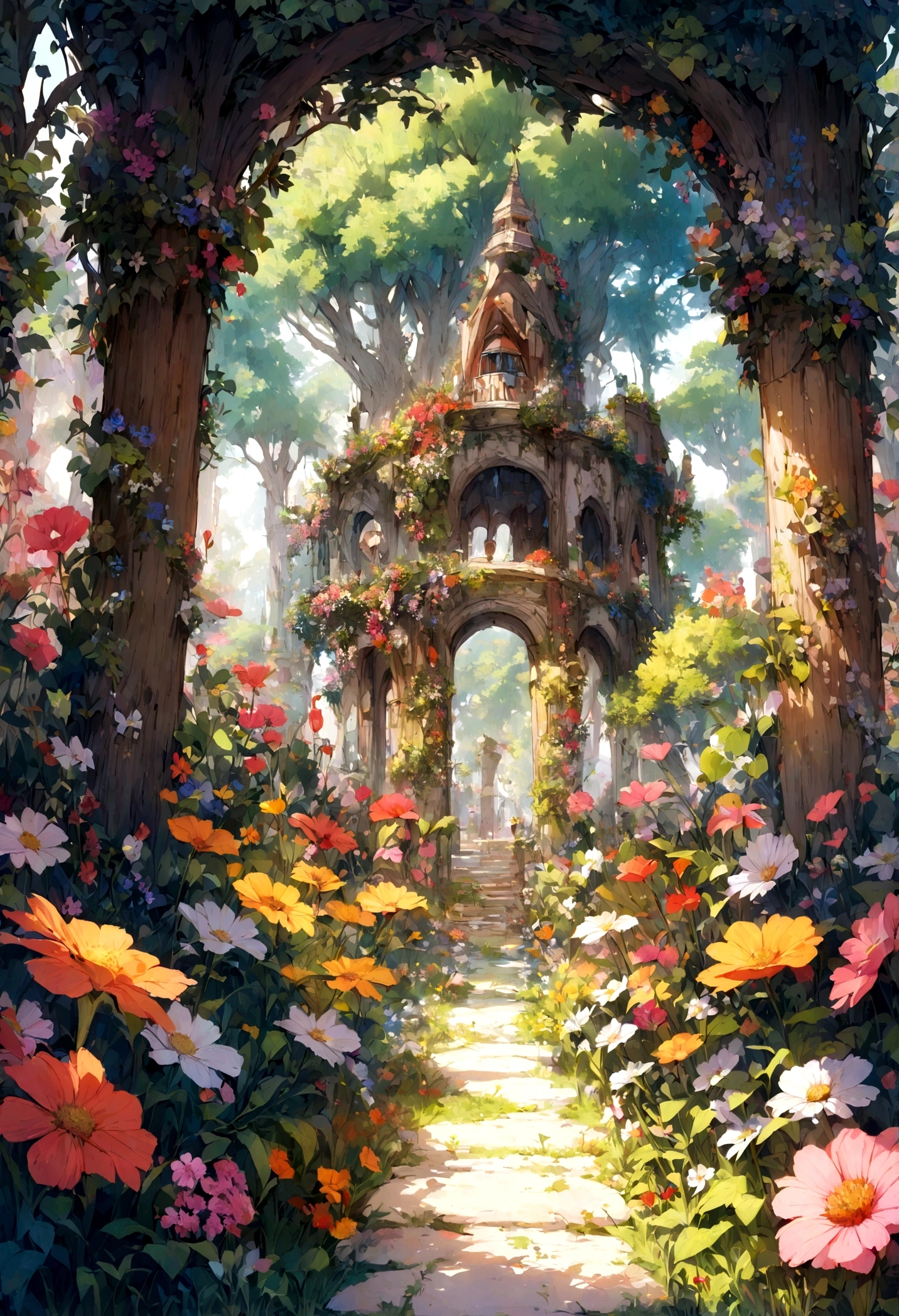 A beautiful detail, magical garden, surrounded by vibrant flowers,
