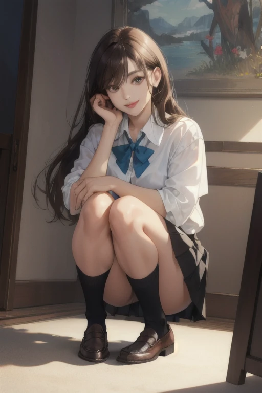 Realistic, Lip gloss, highest quality, Ultra-high resolution, depth, pastel colour, Natural Shadows, Focus on the face, Just a face, Looking at the audience, Long Hair, Brunette Hair, Brown, Narrow eyes, (masterpiece:1.4), 1 girl, alone, from the front, shut up, smile, Lips parted, Shiny skin, Thick thighs, White panties, , Mirage, Pleated skirt, loafers, Black socks, Squat, indoor, Looking at the audience, Anatomically correct.