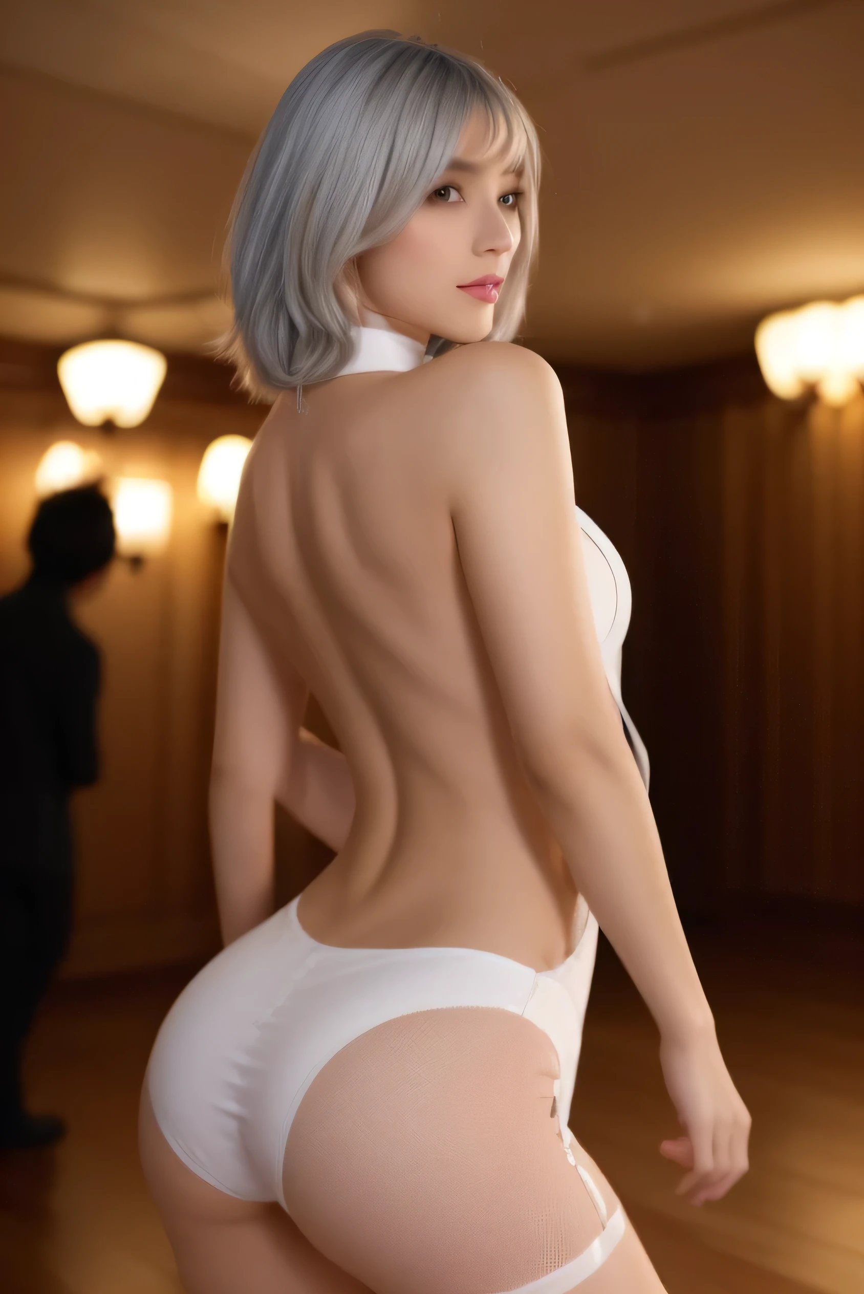 (Photorealistic:1.8, highest quality:1.8,8K masterpiece:1.8,High resolution,Mastepiece:1.8,RAW Photos,Cinematic lighting),No split screen、Brilliant lights、dance hall、（Dancing Bunny Girl）、Zooming in on parts、Back view、Angle from below、
(Real skin texture:1.3)、(Shortcuts、Silver Hair)、Woman's Costume（choker、Bunny Girl Suit、Knee-high fishnet socks、Rabbit&#39;s Tail）、Crotch close-up、((Perfect female body))、
Esbian all over、(Random Sexy Poses:1.3、thrust one&#39;s hips upward、Stick your hips out to the camera:2.3)、cameltoe、(Beautiful expression、Beautiful Face、Beautiful Eyes、A rich expression、smile)、
(Immersive atmosphere、Chiaroscuro:1.5、Bright light:1.2、Bright lighting)、Realistic:1.3、Long Shot、The woman is naked、woman is nude、Adult video shoot