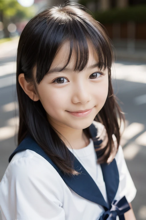 lens: 135mm f1.8, (highest quality),(RAW Photos), (Tabletop:1.1), (Beautiful 9 year old Japanese girl), Cute Face, (Deeply chiseled face:0.7), (freckles:0.4), dappled sunlight, Dramatic lighting, (Japanese School Uniform), (On campus), shy, (Close-up shot:1.2), (smile),, (Sparkling eyes)、(sunlight)