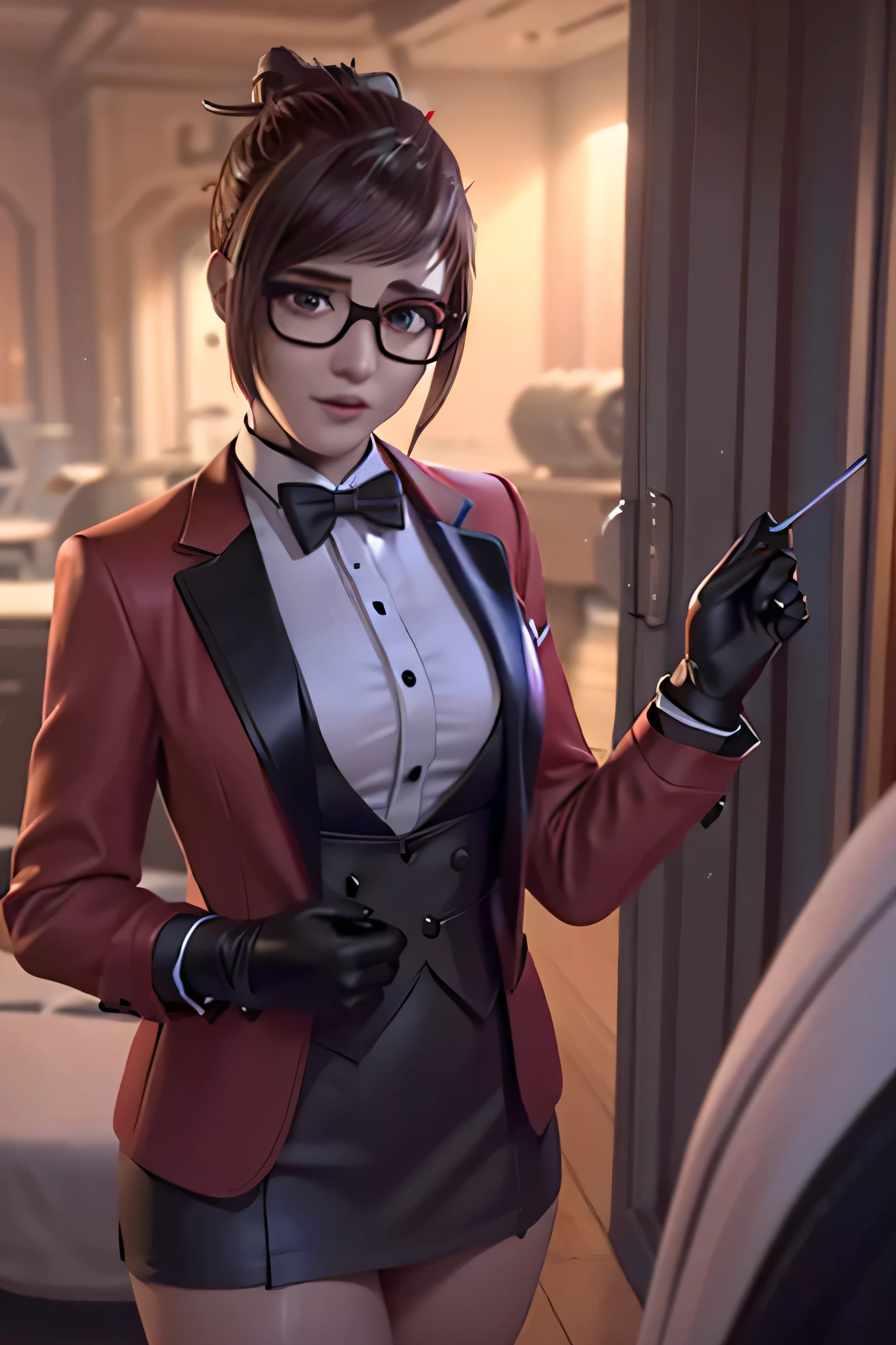 realistic, realism, photorealism, photo-realistic, high contrast, (photorealistic:1.4), 8k high definition detailed realistic,  (best quality, masterpiece:1.2),  photon mapping, radiosity, physically-based rendering, best quality, highly detailed, 1girl, owmei, skirt suit, (((red tuxedo))), (((three-piece tuxedo))), dress shirt, (((black bowtie))), ((red blazer)), ((dinner jacket)), (((bbodycon pencil miniskirt))), formal, red lipstick, smile, (((hair up))), (((hair bun))), glasses, professional, (((high collar))), (((tailored bespoke suit))), (((hair pin))), bedroom eyes, smirk, confident, cufflinks, (((shiny clothes))), (((gloves)))