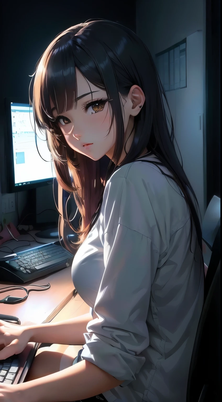 ****** anime sitting at a desk with a computer and keyboard, Anime digital illustration, digital anime art, attractive ****** anime, estilo anime 4k, papel de parede de anime 4k, 4k manga wallpaper, arte cg de anime suave, arte digital detalhada de anime, ****** anime desktop background, seductive  anime,  anime, beautiful  anime, papel de parede de anime 4K, papel de parede de anime 4k