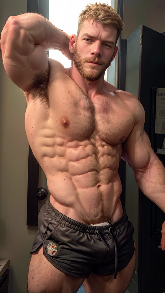 Masterpiece, denoise, void noise, one man, best quality, 8k resolution, male focus, focus only, amazing composition, volumetric lighting, super quality, elegant, Very detailed, (front view), (facing viewer), white light, daylight, blue sky, -----------, 35 years old, mature face, (muscular, thin body), handsome, ((detailed light-gray eyes, detailed eyes)), ((((light blonde hair, medium lenght hair)))), ((big ears)), ((((thick plenty chest hair)))), ((((pale skin)))), ((((Medium length beard)))), (((((Russell tovey detailed face))))), --------------, (((wearing slightly down short shorts))), ((((rubbing his pecs, scratching his pectorals)))), (((furry hairy pectorals))), ((()))