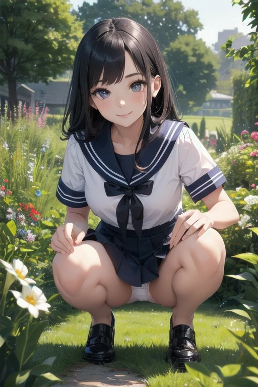 very cute and beautiful girl,(Very exquisite beautiful face and eyes:1.2),
smile,Black Hair,Sailor ,(Navy blue pleated mini skirt),
(From below),squat,White panties,
garden,grassland,Planting,
(highest quality,masterpiece:1.2),Intricate details,High resolution,Very detailed,Cinema Lighting,alone,