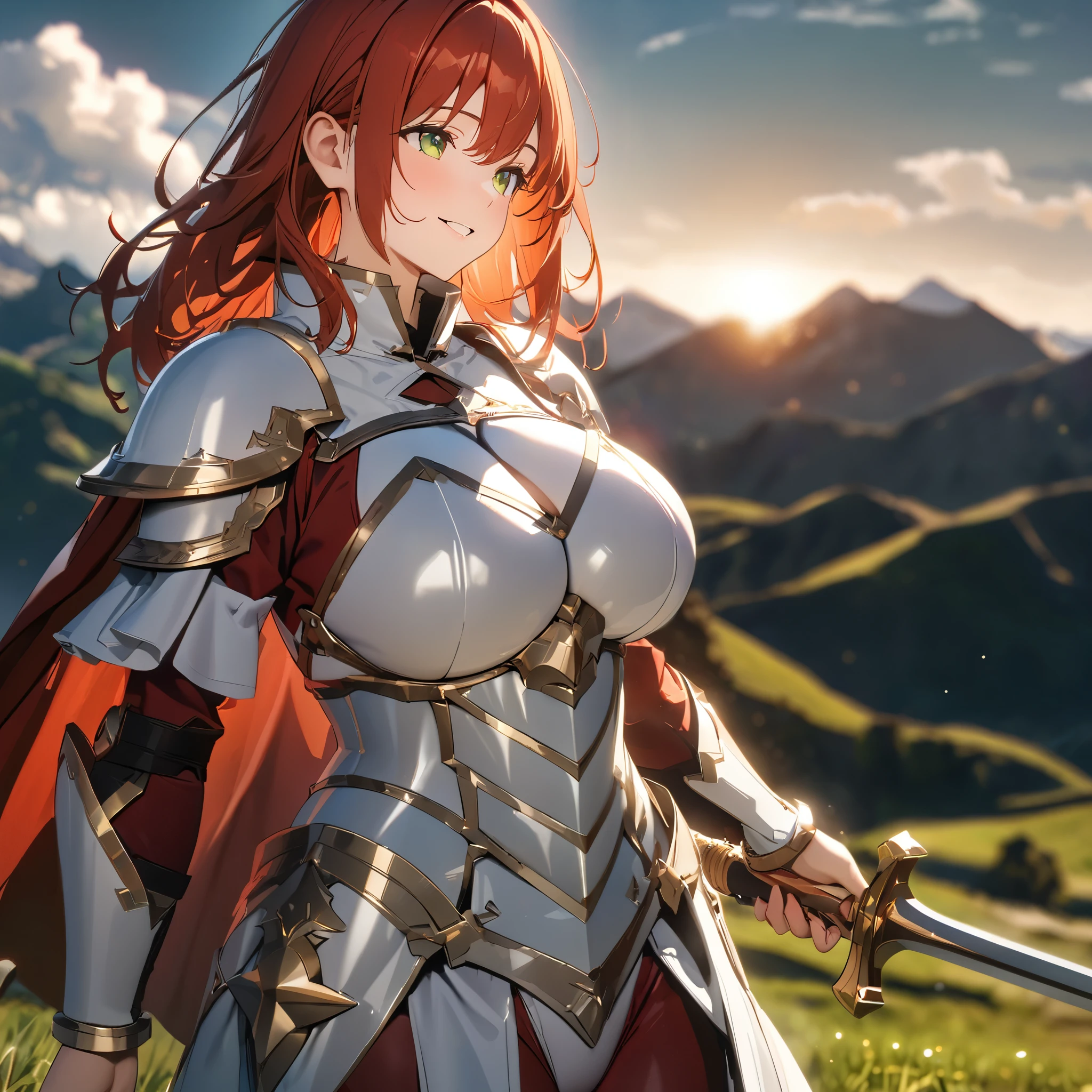 a woman wearing white heavy armor, with gold details, white metal bracelet, white metal bolts, holding a medieval sword, red fur cape, reddish orange hair, green eyes, smiling, big breasts, walking in a wide lawn with mountains background with a view of the sun and sky with some clouds..UHD, masterpiece, accurate, anatomically correct, textured skin, super detail, high quality, best quality, 8k, high resolution, bokeh effect.(solo woman)
