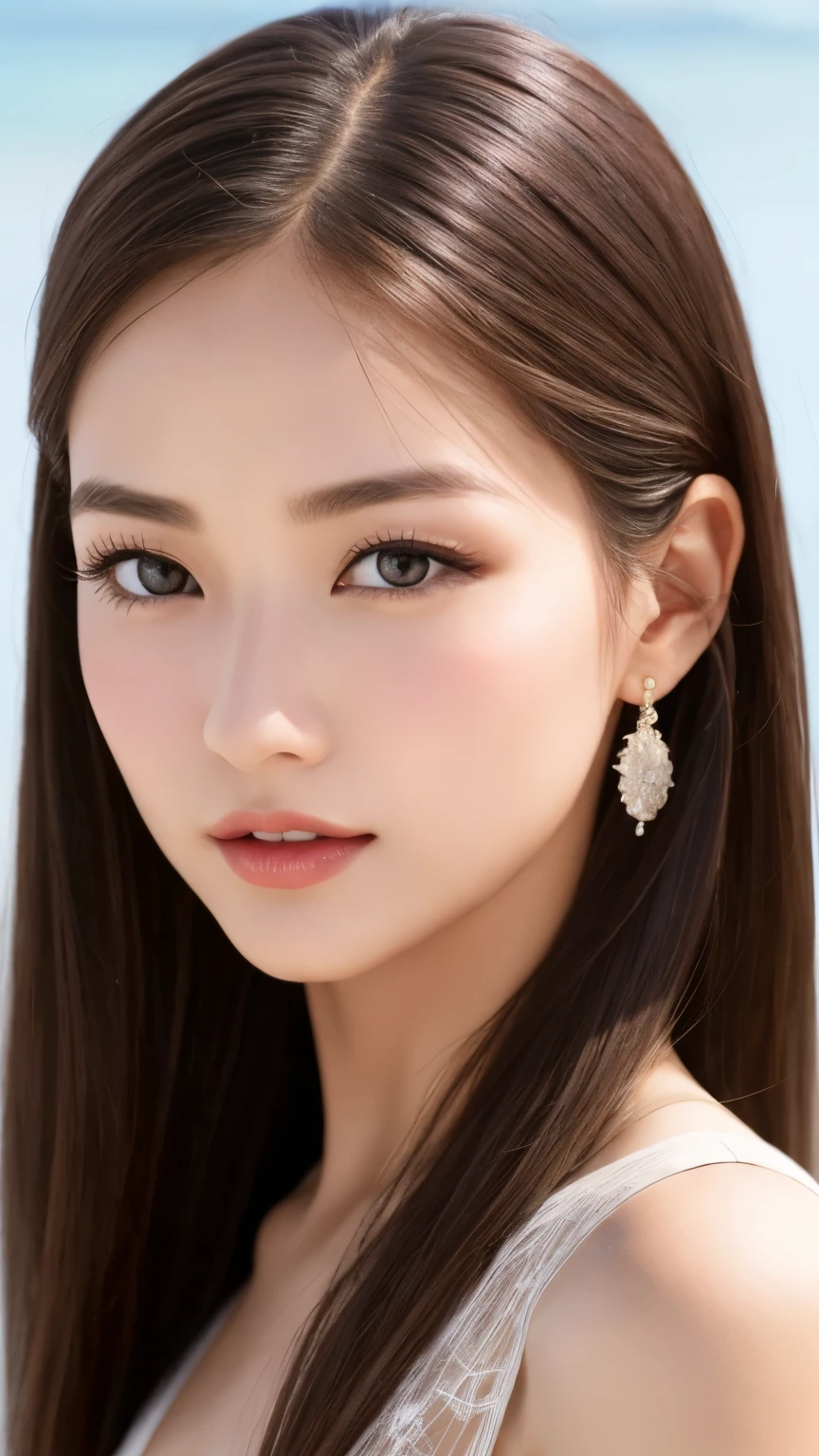 highest quality、Realistic、Realistic、Very detailed、Very delicate and beautiful、RAW Photos、Professional Lighting、Facial Light、Written boundary depth、Focus Only、Ezvian everywhere,1 female (Beach):1.4)、Brown haired、Brown eyes、Small Head、Beautiful Eyes、Dark eyeliner、非常にLarge Breasts、True Face、Real Skin、Lively Faces、Realistic Skin、Fine grain、Detailed facial features、Detailed characteristics of the garment、(Fashion Clothing:1.3) ), (Fashion Hairstyles: 1.3)、 Looking at the audience, Simple Background, Magnificent face, Beautiful Teeth、Large Breasts、Valley