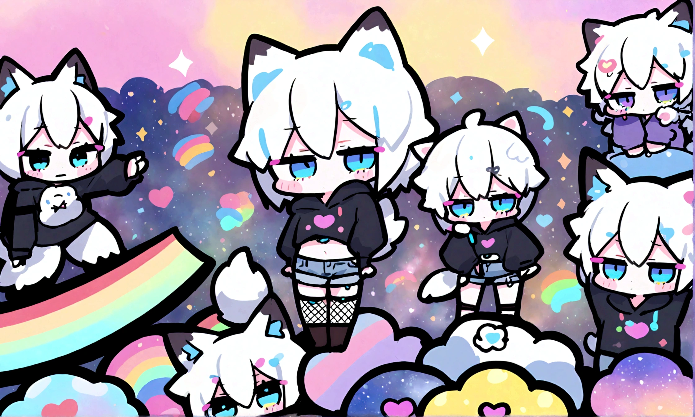 a cute chibi style adult male with wolf ears, white hair, has a wolf tail, wearing a loose cropped oversized black hoodie, wearing a pair of denim short shorts and fishnet stockings, thick thighs, wide hips, relaxing on mound of fluffy multi colored kawaii plushies, short, very slim, showing slender tummy, stretching out, heart on hoodie, squishy thighs, has glowing blue eyes. alone, solo (ALONE)(SOLO), surrounded by rainbows, colorful galaxy backround